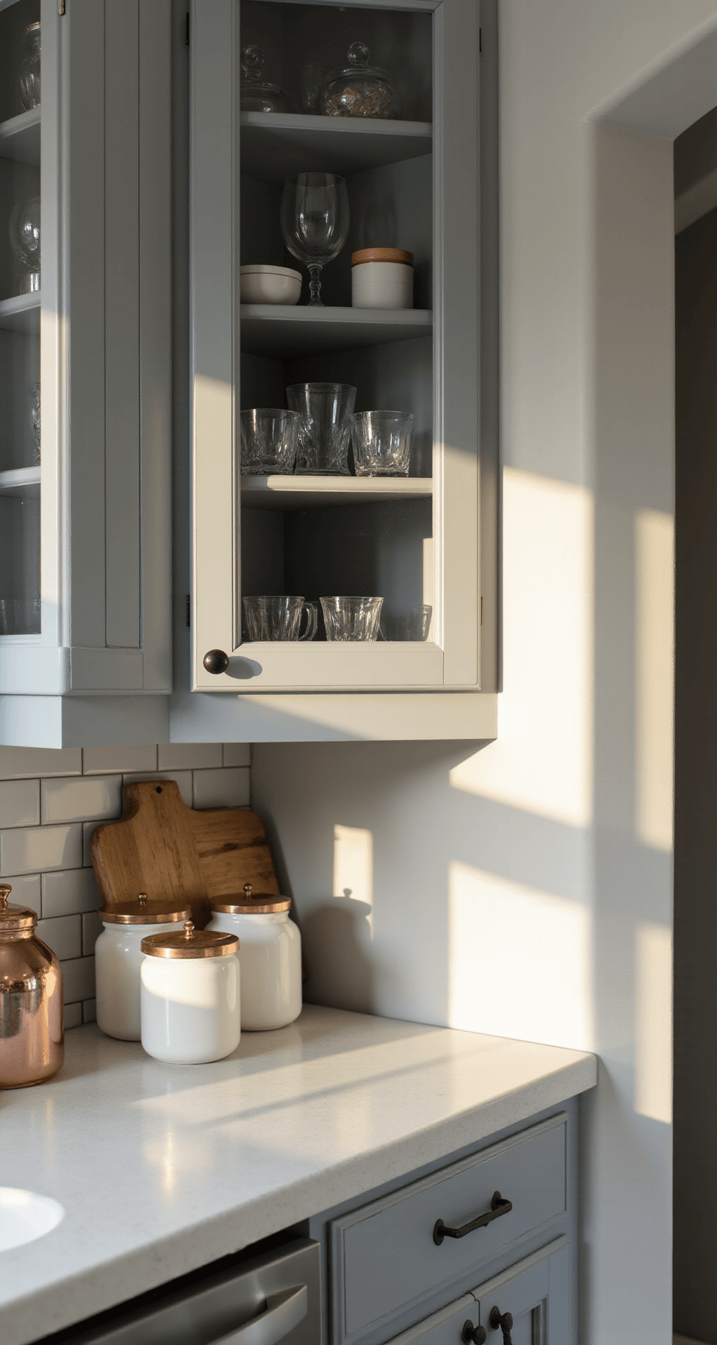 A sunlit kitchen corner featuring light gray upper cabinets with glass fronts, crystal glassware reflecting light, white ceramic canisters, and copper accents on open shelving, casting soft shadows in a dreamy atmosphere.