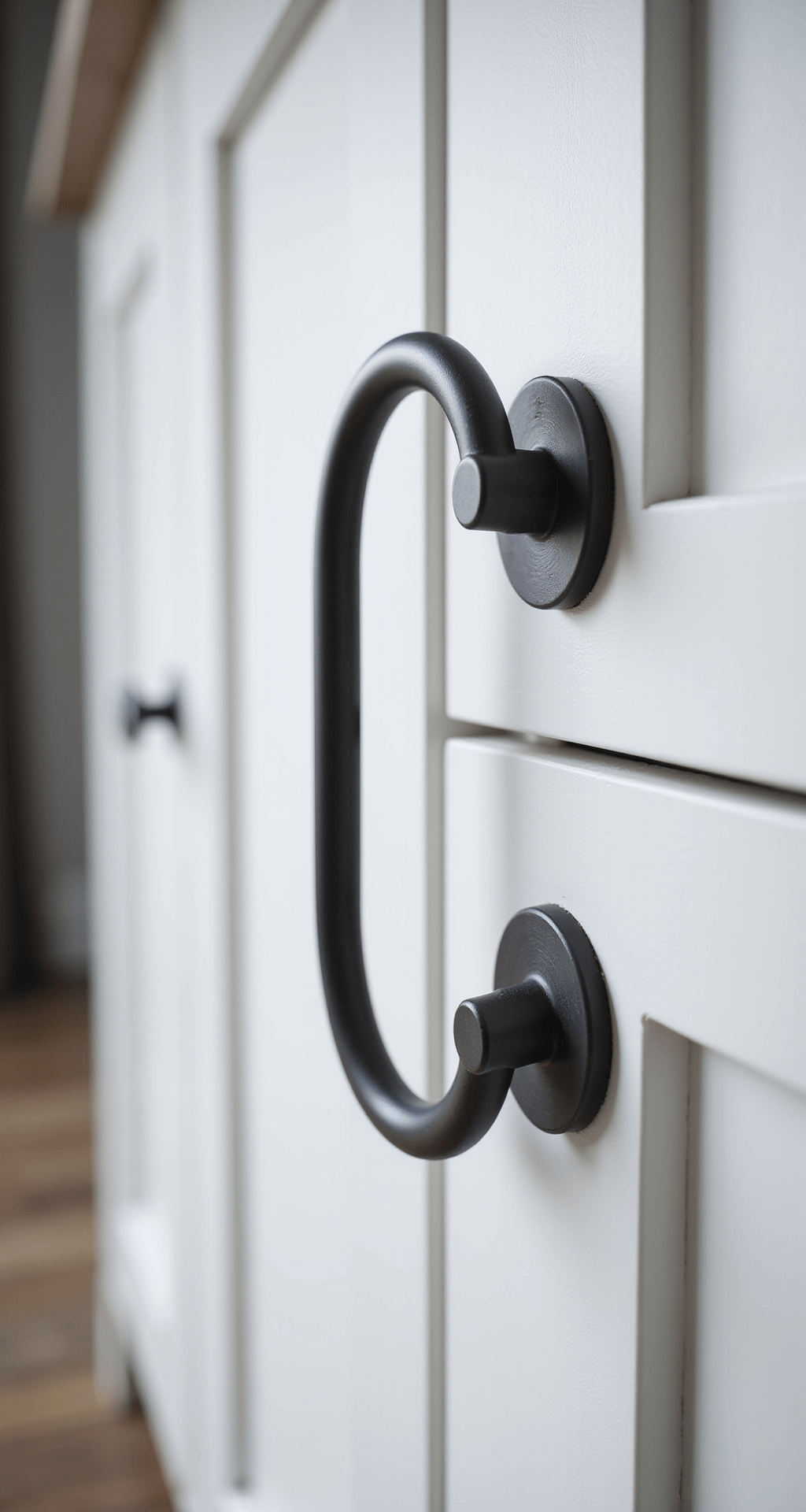 Extreme close-up of modern matte black cabinet pulls on white cabinets, highlighting precise alignment and finish quality with defining shadows, showcasing craftsmanship in a minimalist composition.