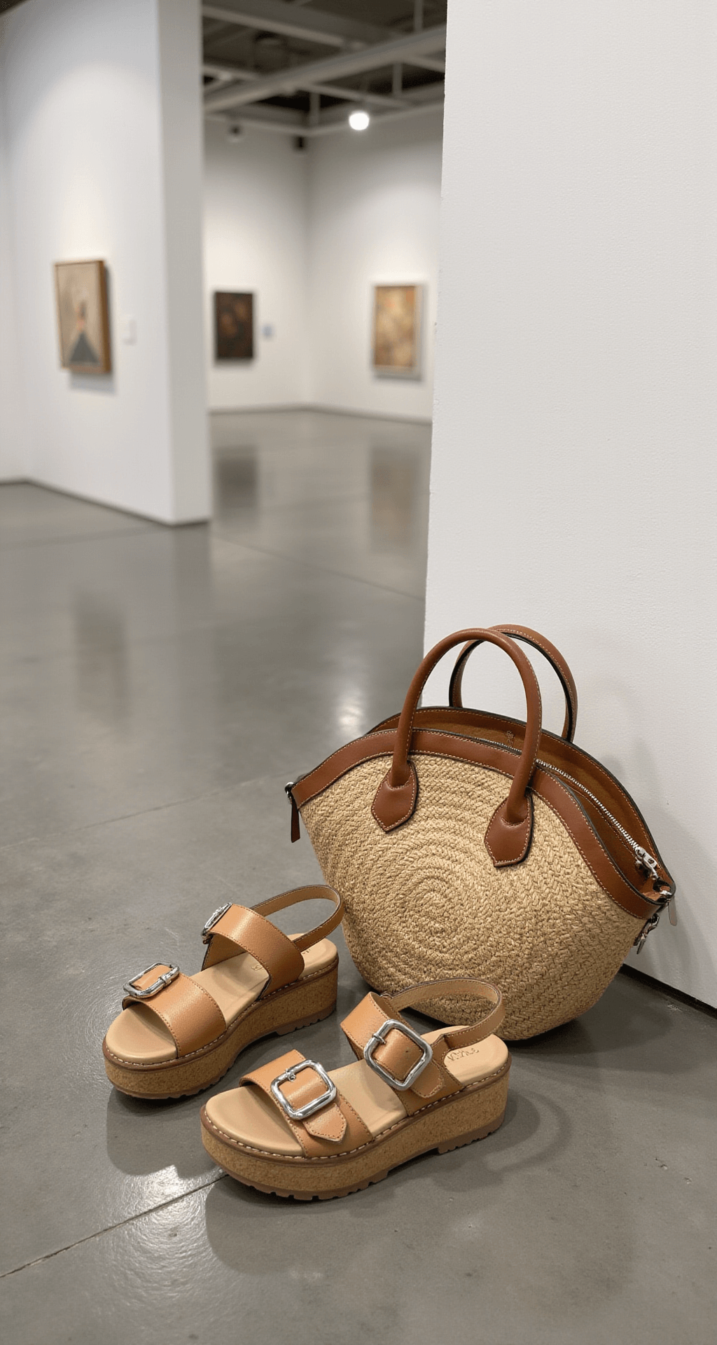 Close-up of chunky platform sandals with silver hardware next to a handwoven straw tote with leather trim in a modern gallery space featuring polished concrete floors and white walls, illuminated by soft overhead lighting.