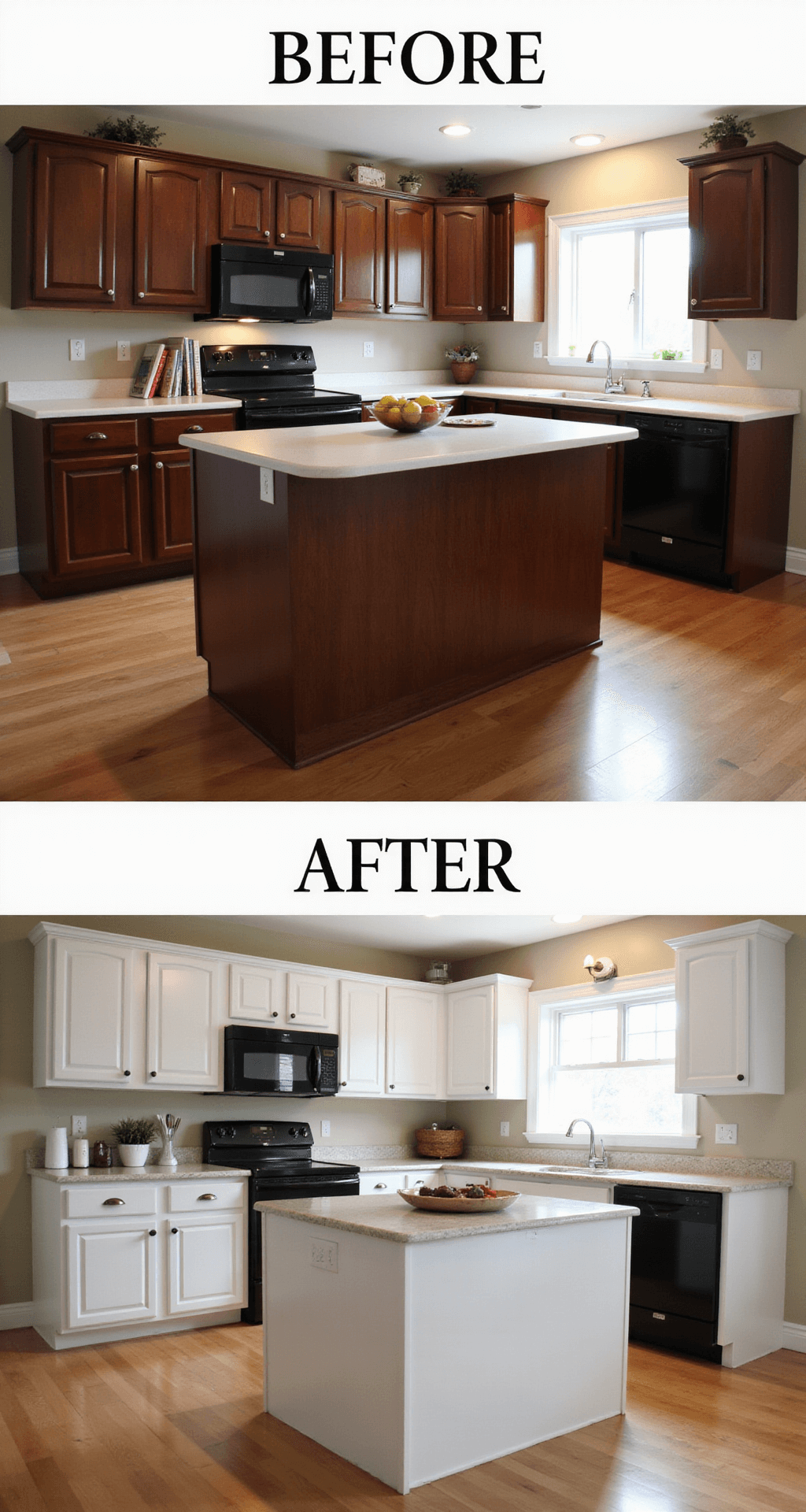 Before and after diptych of a kitchen transformation showcasing dark wood cabinets in the original image and freshly painted white cabinets in the after image, both captured from a centered, eye-level perspective at 9 AM. The consistent styling features a fruit bowl and cookbooks, while the technical comparison shot at f/5.6 highlights the full room depth and natural color temperature, emphasizing the contrast between the two designs.