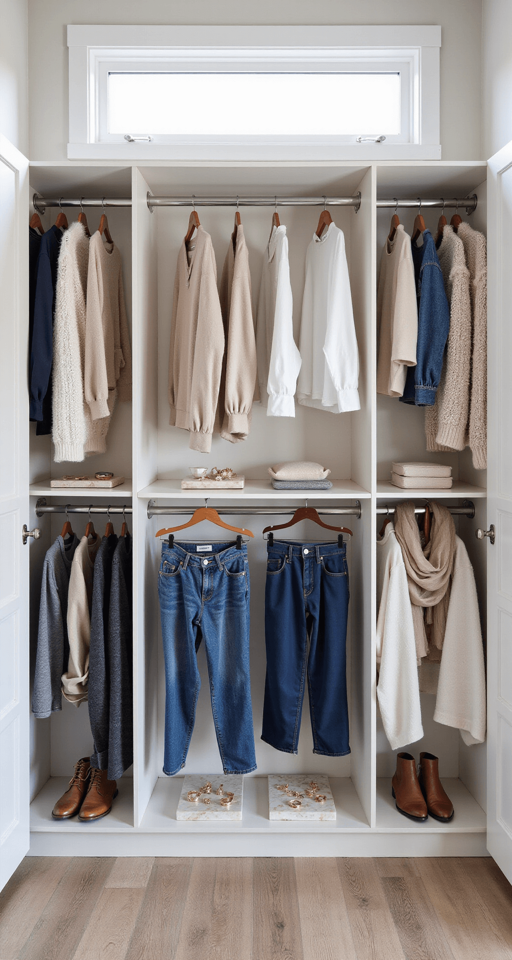 Sunlit walk-in closet showcasing a spring capsule wardrobe with neutral knitwear, pressed linen, and structured denim arranged by color gradient; gold jewelry on marble trays and silk scarves artfully draped, captured from above with natural light.