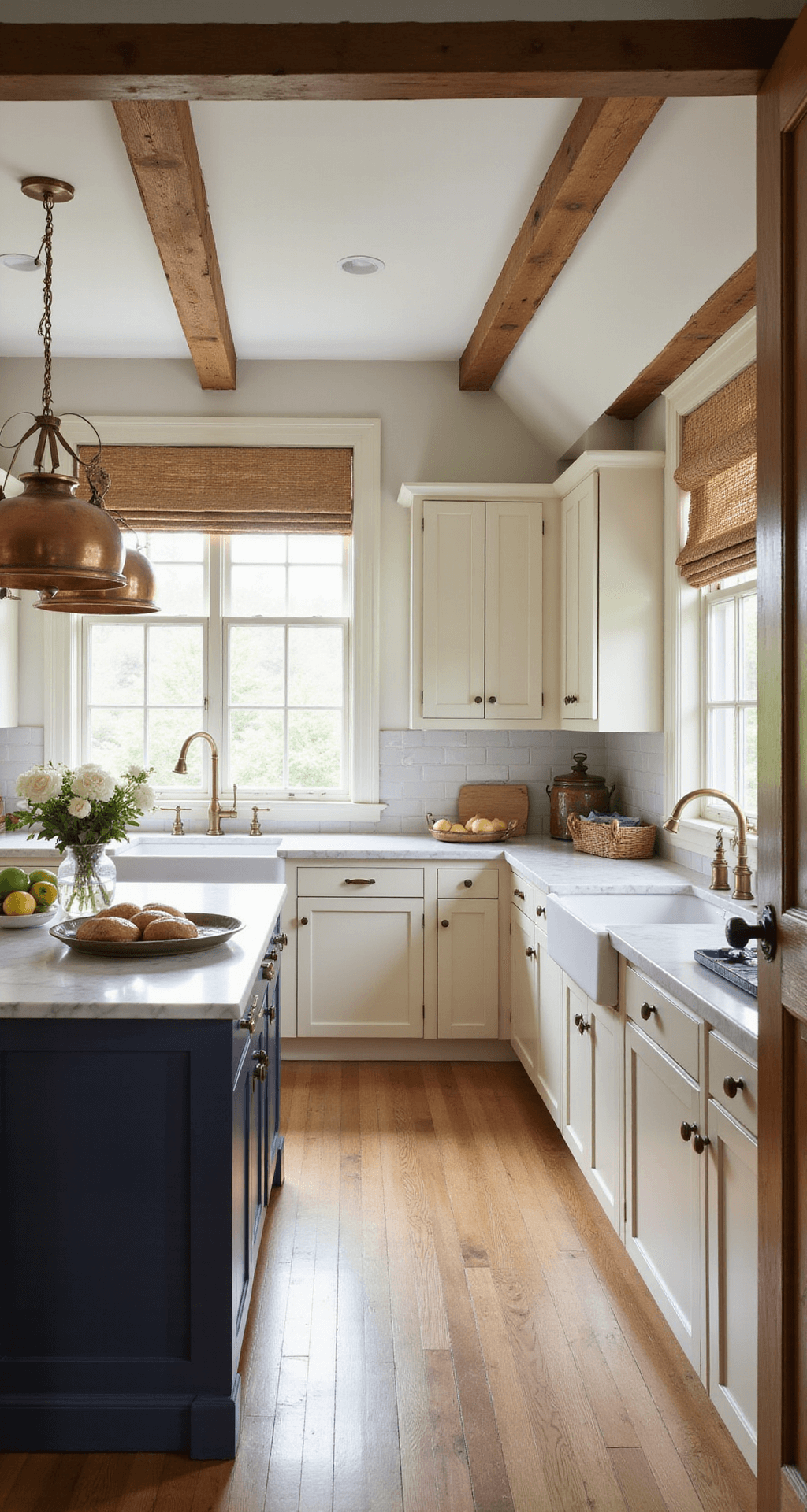 A sunlit farmhouse kitchen featuring cream-colored Shaker cabinets, a maple island with a navy blue base, and white marble countertops, illuminated by morning light streaming through large mullioned windows, with vintage copper pots hanging above and natural woven roman shades filtering the light.