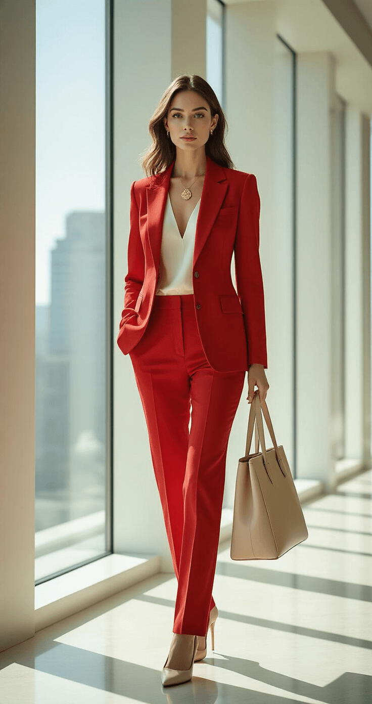 A confident female model in a tailored crimson red power suit and ivory silk camisole stands in a sun-drenched minimalist office with floor-to-ceiling windows, casting clean shadows. She pairs her outfit with a modern gold pendant necklace, nude pointed stilettos, and a structured beige leather tote, all framed by architectural elements in a photorealistic setting.