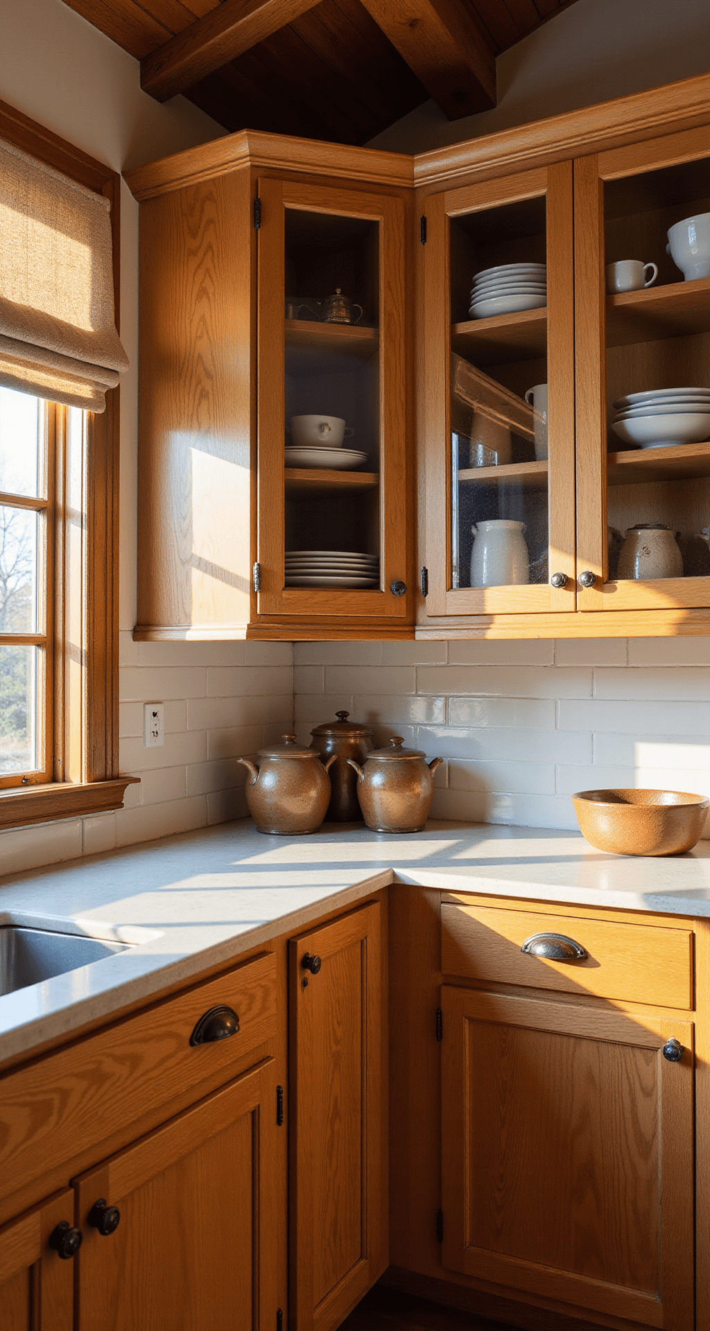 Corner view of a rustic kitchen featuring hickory cabinets with antique pewter cup pulls, glass-front upper cabinets displaying ironstone dishes, and a subway tile backsplash in bone white. Open shelving showcases cast iron cookware and earthenware crocks. The warm afternoon sun filters through café curtains, emphasizing the rich wood textures and architectural details from a low camera angle.