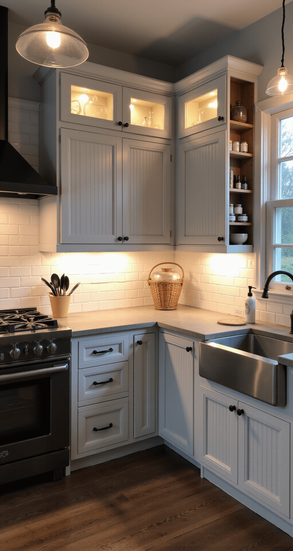 Intimate view of a farmhouse kitchen workspace with soft dove gray painted pine cabinets, vintage-style matte black bin pulls, and soapstone counters at dusk, featuring pendant lights and organized pull-out spice racks.