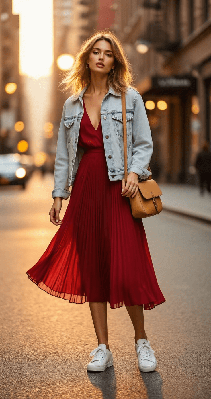 A model in a flowing ruby red midi dress with pleating, white leather sneakers, and an oversized denim jacket stands in a chic city neighborhood during golden hour, with a gentle breeze accentuating her natural hair. She carries a tan leather crossbody bag, and the warm evening light creates a magical glow on her outfit, while bokeh effects from street lights begin to illuminate the scene.