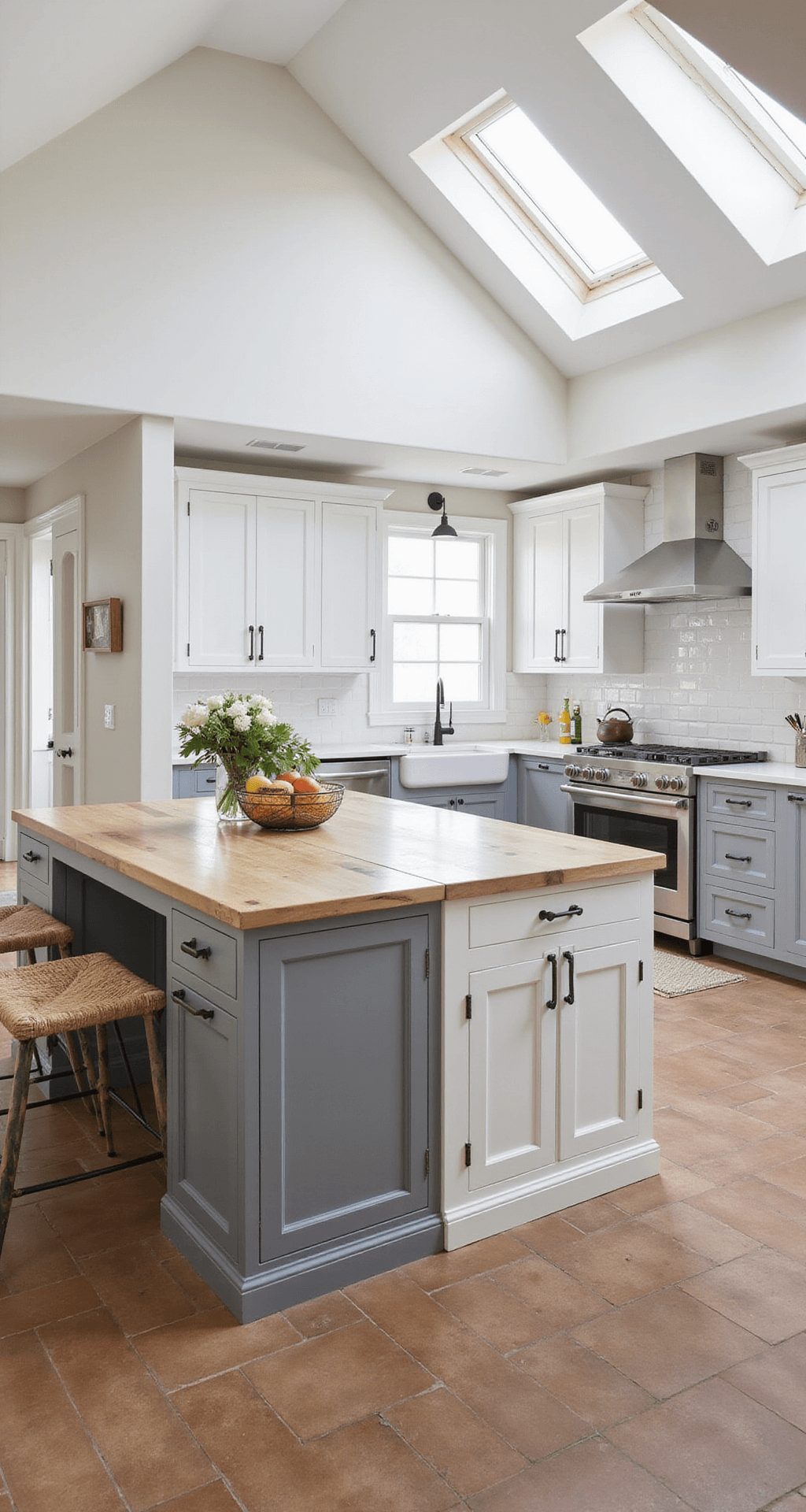 Aerial view of a bright modern farmhouse kitchen featuring a cathedral ceiling, two-tone cabinets in white and weathered gray, mixed metal hardware, a large central island with a butcher block top, and a herringbone tile floor in natural clay tones, beautifully illuminated by natural light from skylights.