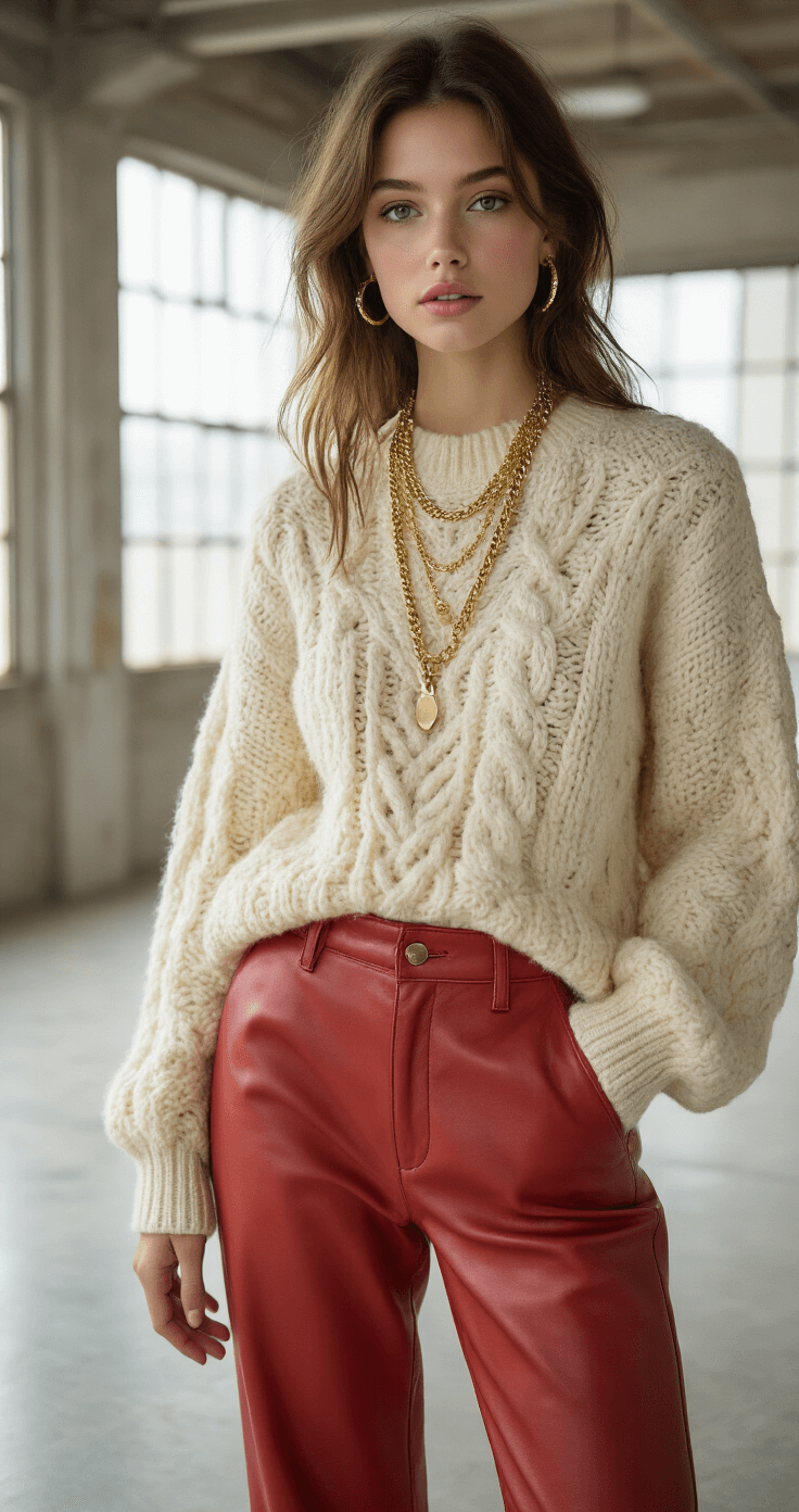 Close-up of a model's outfit featuring butter-soft red leather pants and a chunky cream cable knit sweater, accented with gold layered necklaces and hoop earrings, showcasing rich texture contrasts in a bright studio with concrete floors and diffused natural light.
