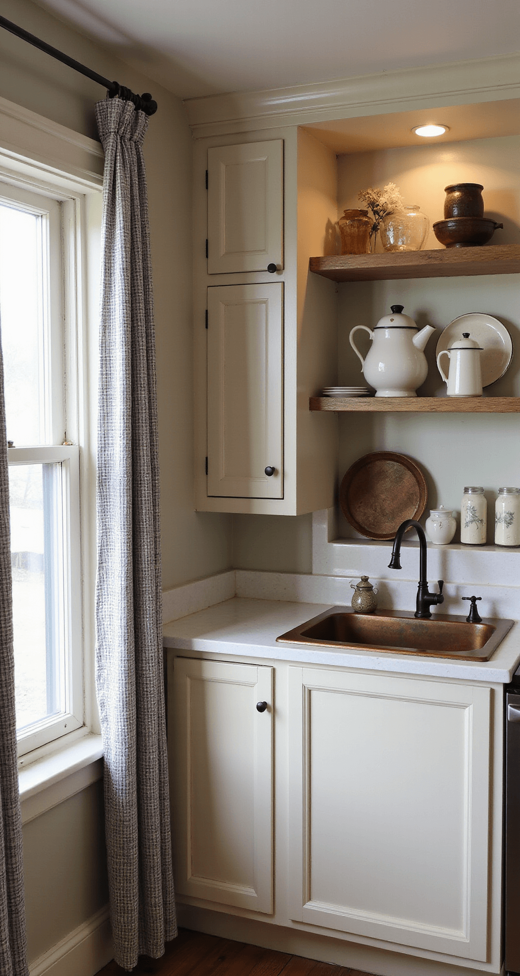 A cozy farmhouse kitchen nook bathed in soft morning light, featuring custom buttermilk corner cabinets with visible brush strokes, open shelving showcasing a vintage enamelware collection, and a copper sink with an aged patina, accented by ticking stripe cafe curtains filtering the light, all captured at eye level with a focus on lived-in details.