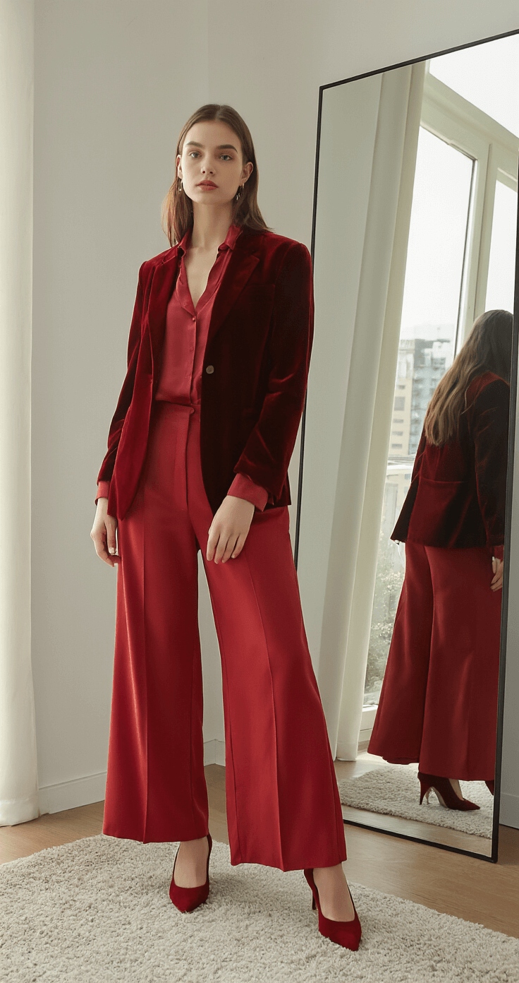 A model wearing a layered red outfit stands in a contemporary apartment living room, captured in a full-length mirror. She sports a deep burgundy velvet blazer over a cherry red silk blouse, tucked into high-waisted cardinal red wide-leg trousers, complemented by neutral suede pumps. Late afternoon light streams in, highlighting the elegant setting.
