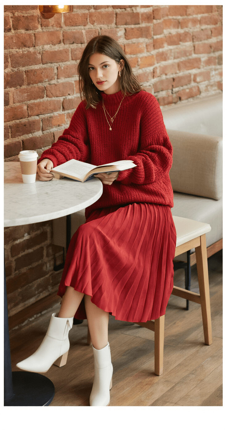 A model in a cozy coffee shop corner, wearing an oversized scarlet knit sweater and a matching red pleated midi skirt, reads a book while sipping a latte on a marble table. The space features exposed brick and warm ambient lighting, complemented by white ankle boots and delicate gold jewelry.