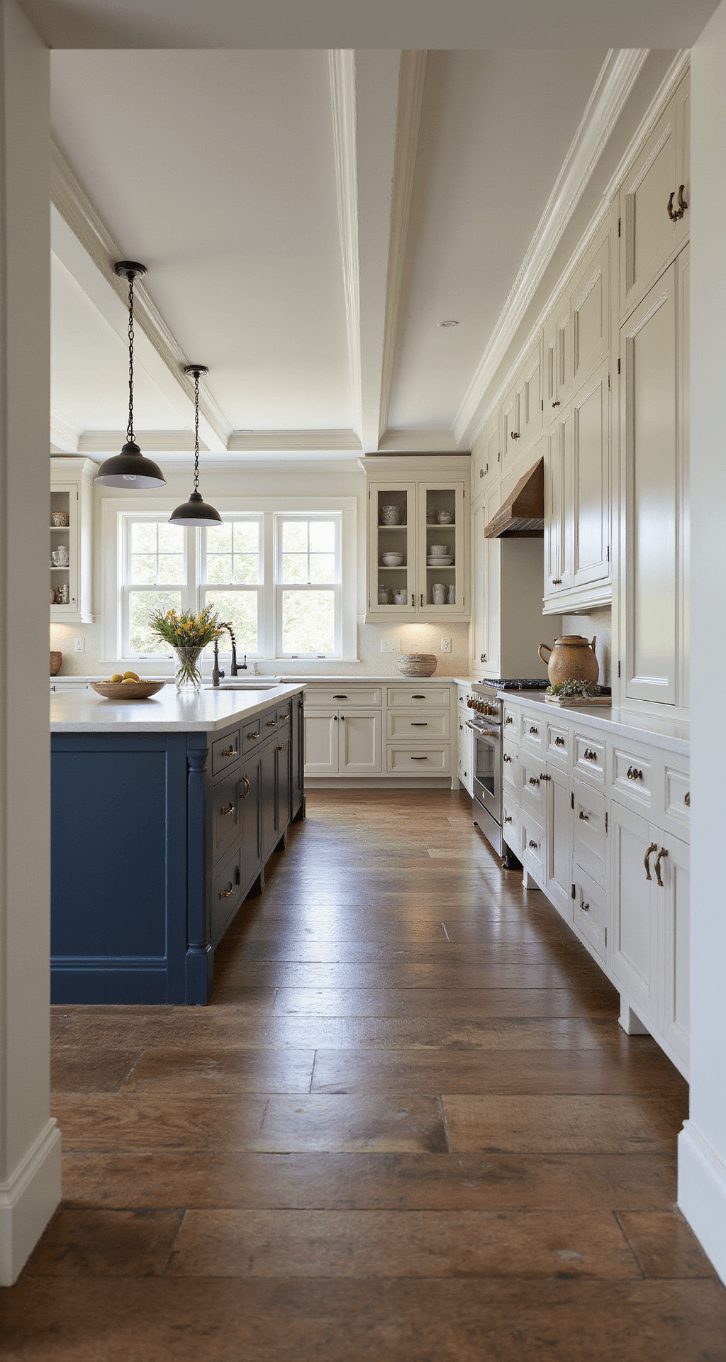 A spacious grand farmhouse kitchen featuring coffered ceilings, cream inset cabinets, a navy island, and antique brass hardware. An elegant glass-front hutch showcases heirloom china, while wide plank reclaimed barn wood flooring adds warmth. The scene is captured from the entrance with dramatic natural light highlighting the architectural details.
