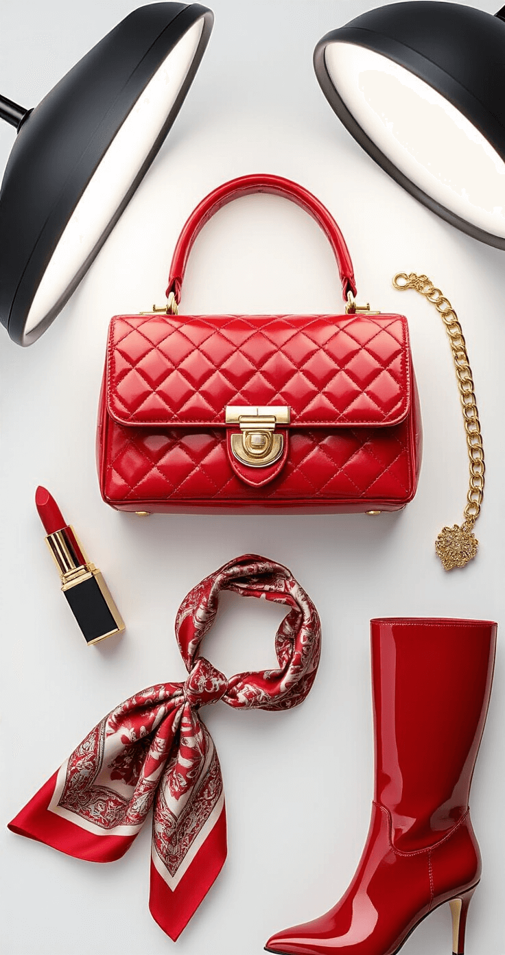 Flat lay of luxurious red fashion accessories on a clean white background, including a quilted leather handbag, patent leather boots, a patterned silk scarf, a velvet hair bow, and matching lipstick, accented with gold jewelry and macro details emphasizing textures and materials.