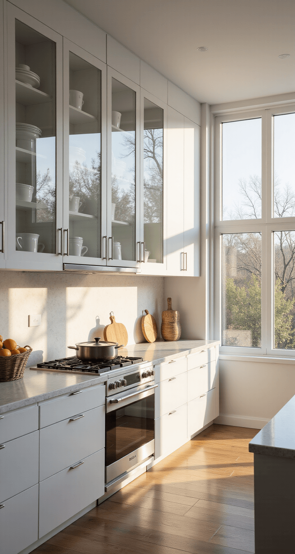 A bright, modern minimalist kitchen with 10ft ceilings, featuring clear glass upper cabinets filled with white porcelain dinnerware, stainless steel appliances, and cool marble countertops contrasted with warm oak flooring, illuminated by natural light and LED under-cabinet lighting.
