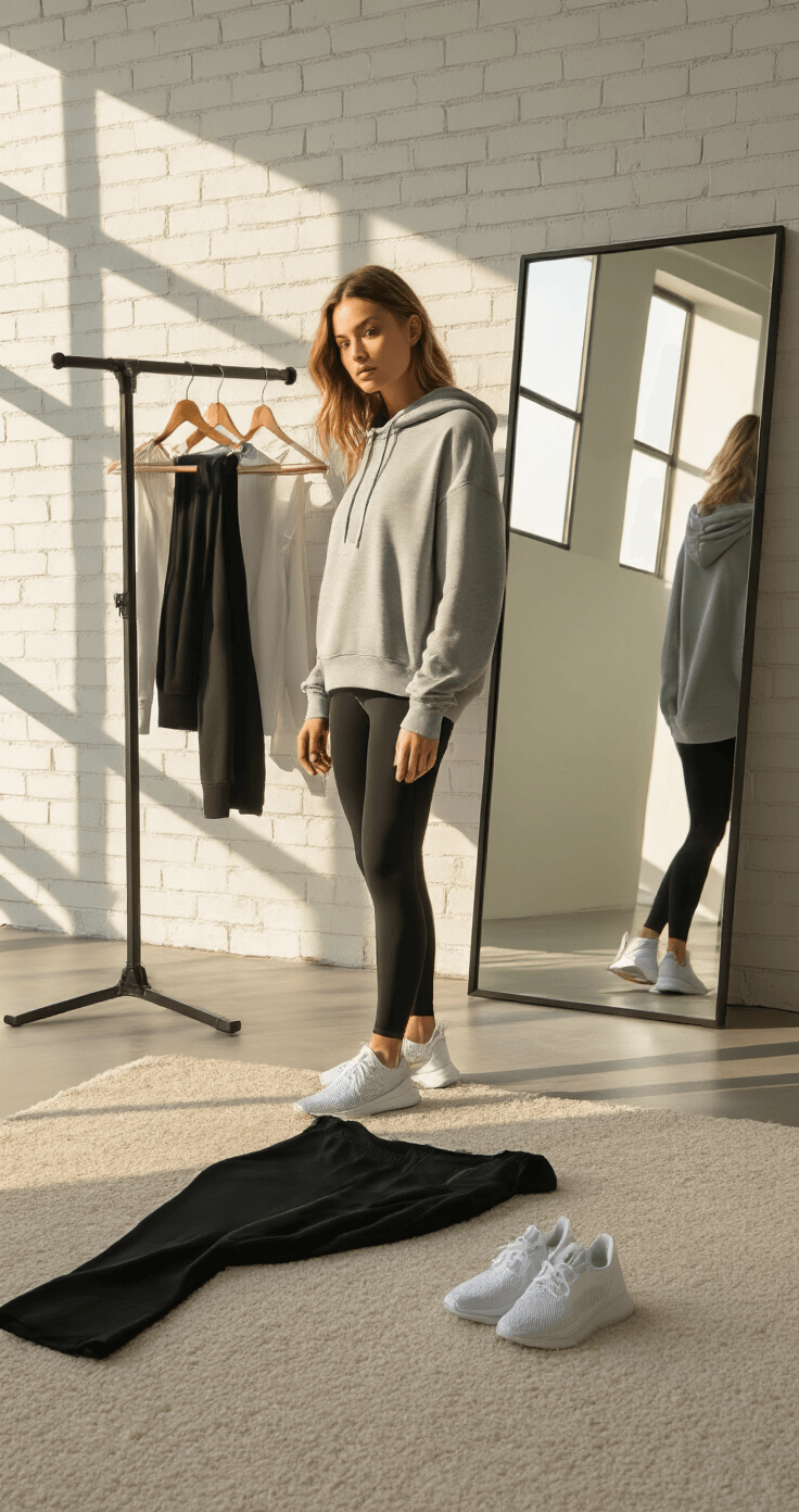 A close-up view of a contemporary bedroom corner featuring a white painted brick wall and a minimalist clothing rack. The scene is illuminated by late afternoon sunlight casting geometric shadows. An active outfit is neatly arranged, consisting of black high-performance leggings, an oversized heather grey hoodie, and pristine white mesh sneakers, all captured from a 45-degree angled perspective.