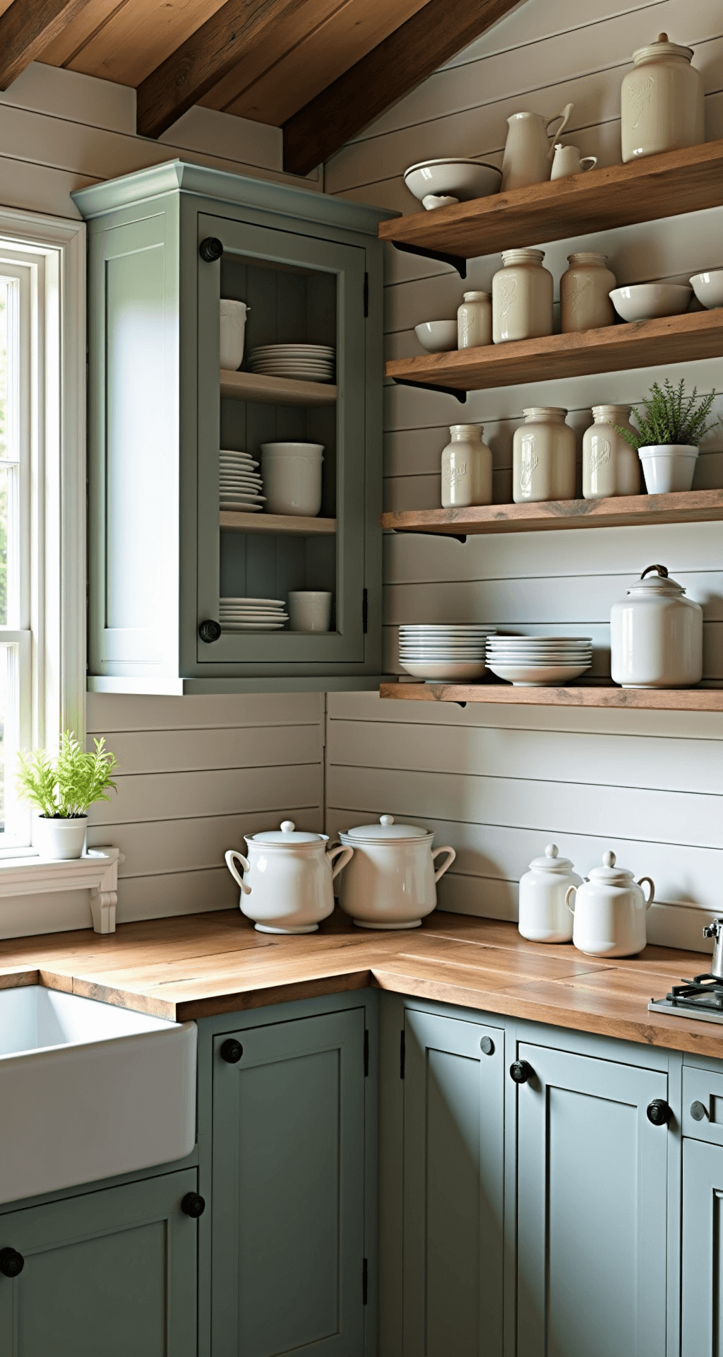Cozy cottage kitchen with frosted glass cabinet doors showcasing vintage mason jars and cream-colored ceramics, surrounded by shiplap walls and exposed wooden beams, illuminated by soft mid-morning light.