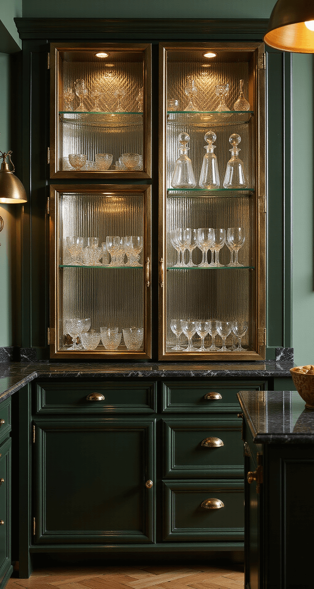 Elegant Art Deco kitchen featuring reeded glass cabinets with brass frames, displaying crystal decanters and gold-rimmed glassware, under dramatic pendant lighting. Black marble countertops reflect ambient light against emerald green walls.