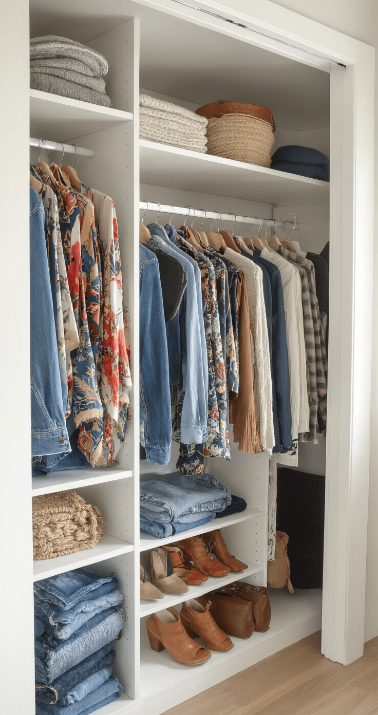 Bright, airy walk-in closet with white built-ins in morning light, featuring a student organizing colorful outfits of thrifted vintage pieces and modern basics, emphasizing contrasting textures of silk scarves, worn denim, soft knits, and leather accessories, captured with a wide-angle lens.