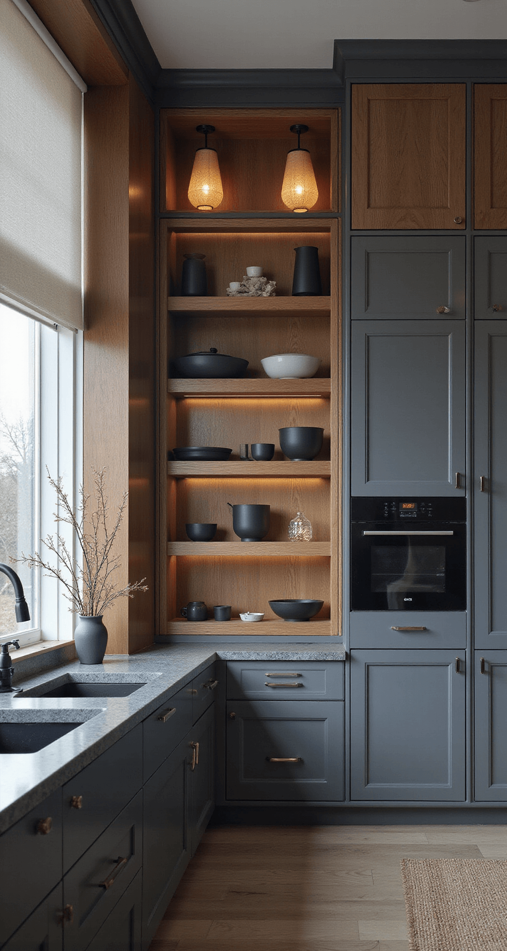 A serene 11x13ft kitchen during blue hour, featuring seeded glass cabinets with minimalist ceramic tea sets and matte black serving pieces. The low-angle shot emphasizes vertical lines, with bamboo accents and paper lantern lighting casting soft shadows. Charcoal gray cabinets contrast against pale oak floors, illuminated by cool morning light through sheer window coverings.