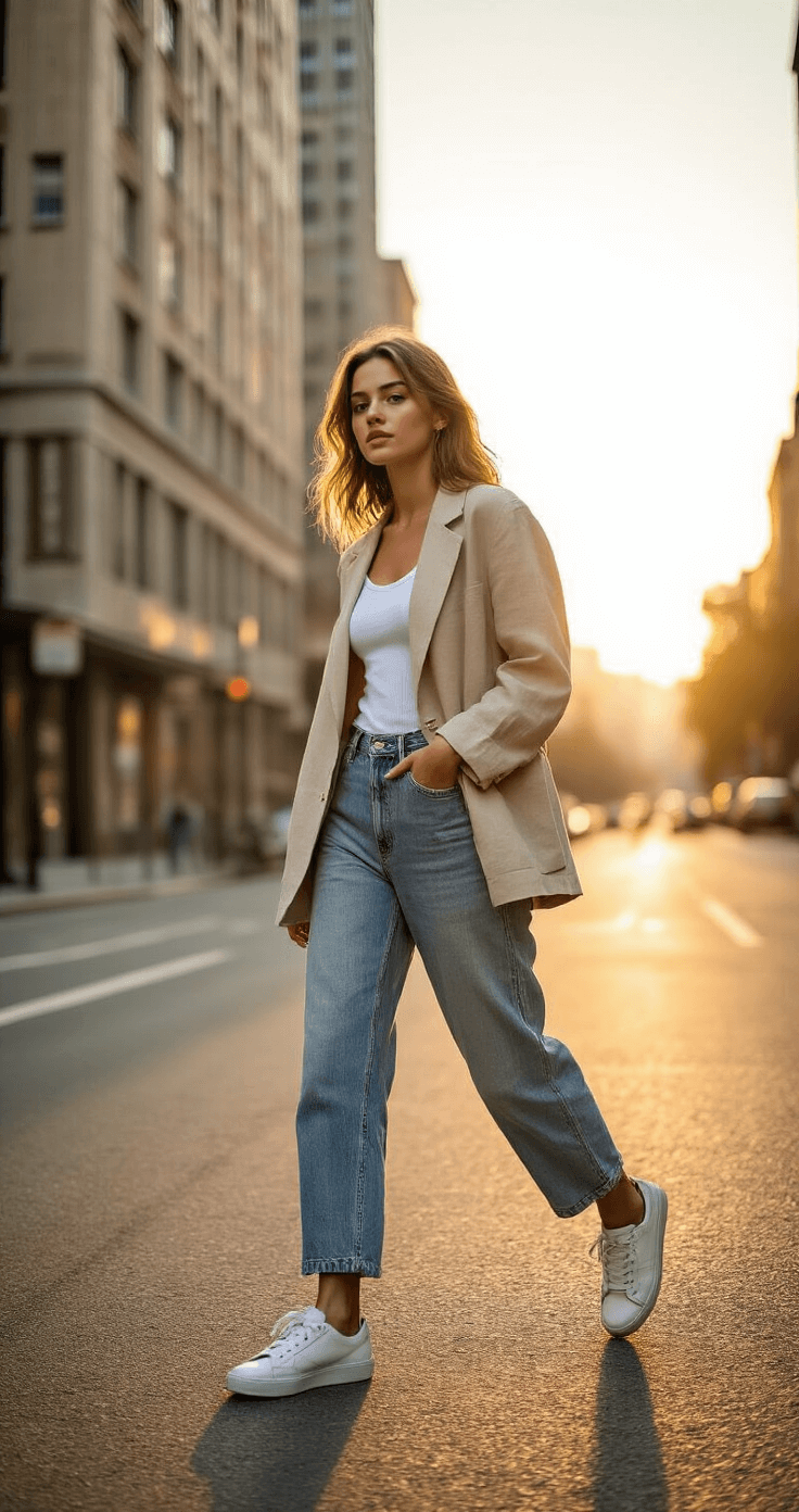 A student in vintage high-waisted mom jeans, a tucked-in white ribbed tank, and an oversized beige linen blazer walks naturally at a sunlit urban street corner during golden hour, with city architecture in the background.