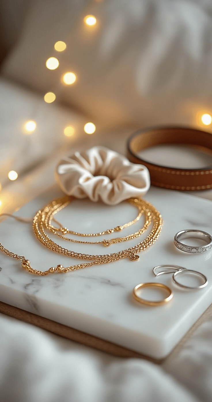 Cozy bedroom nook styled with string lights and ambient evening lighting, featuring a marble tray adorned with layered gold necklaces, minimal silver rings, silk scrunchies, and a leather belt, captured in macro focus to highlight jewelry textures against a soft bokeh background.