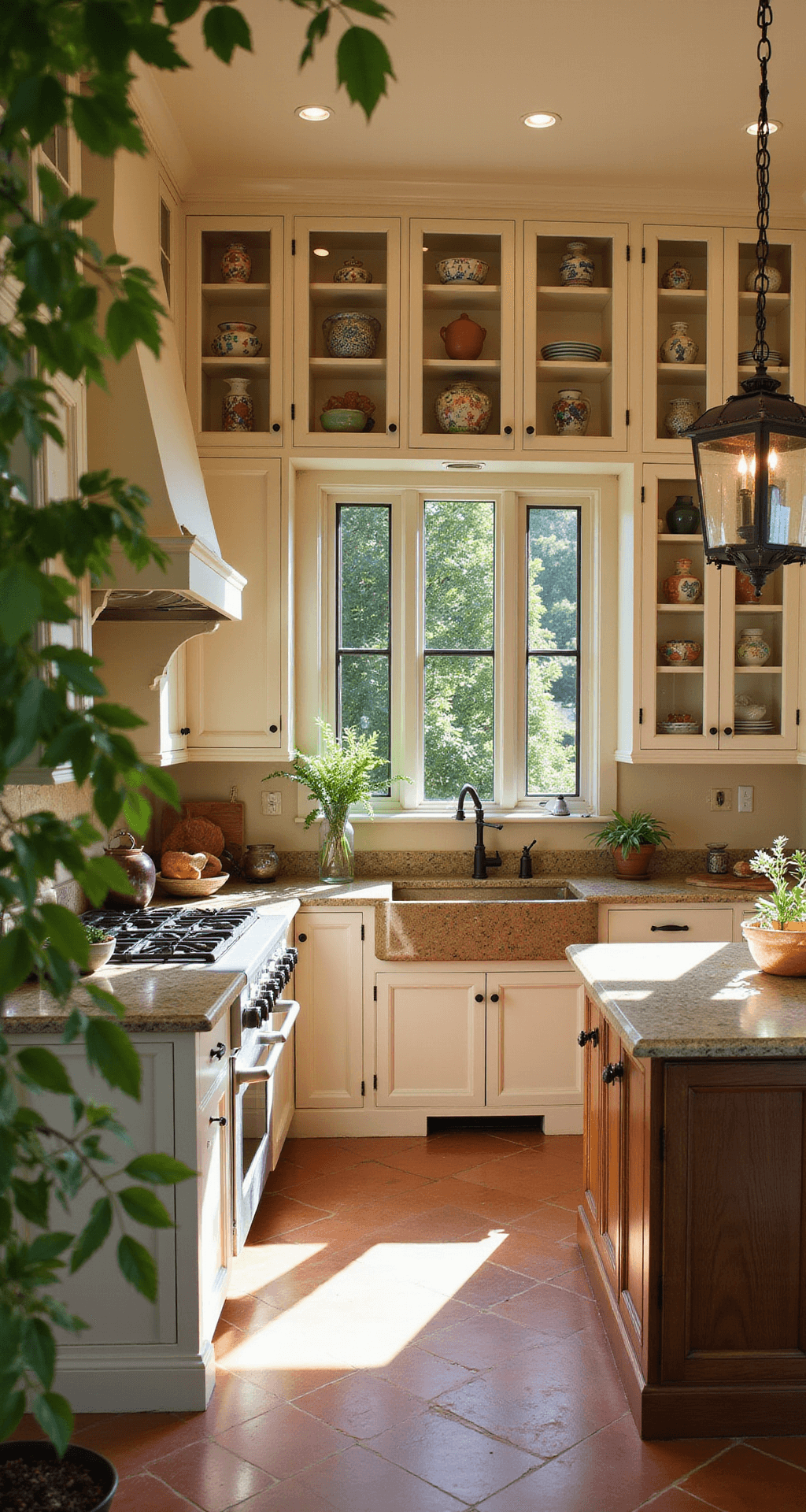 Sun-drenched Mediterranean villa kitchen featuring colorful hand-painted pottery in clear glass cabinets, framed by herb plants. The warm terracotta tiles and cream plaster walls complement wrought iron hardware and olive wood accents, all captured in detailed natural light.