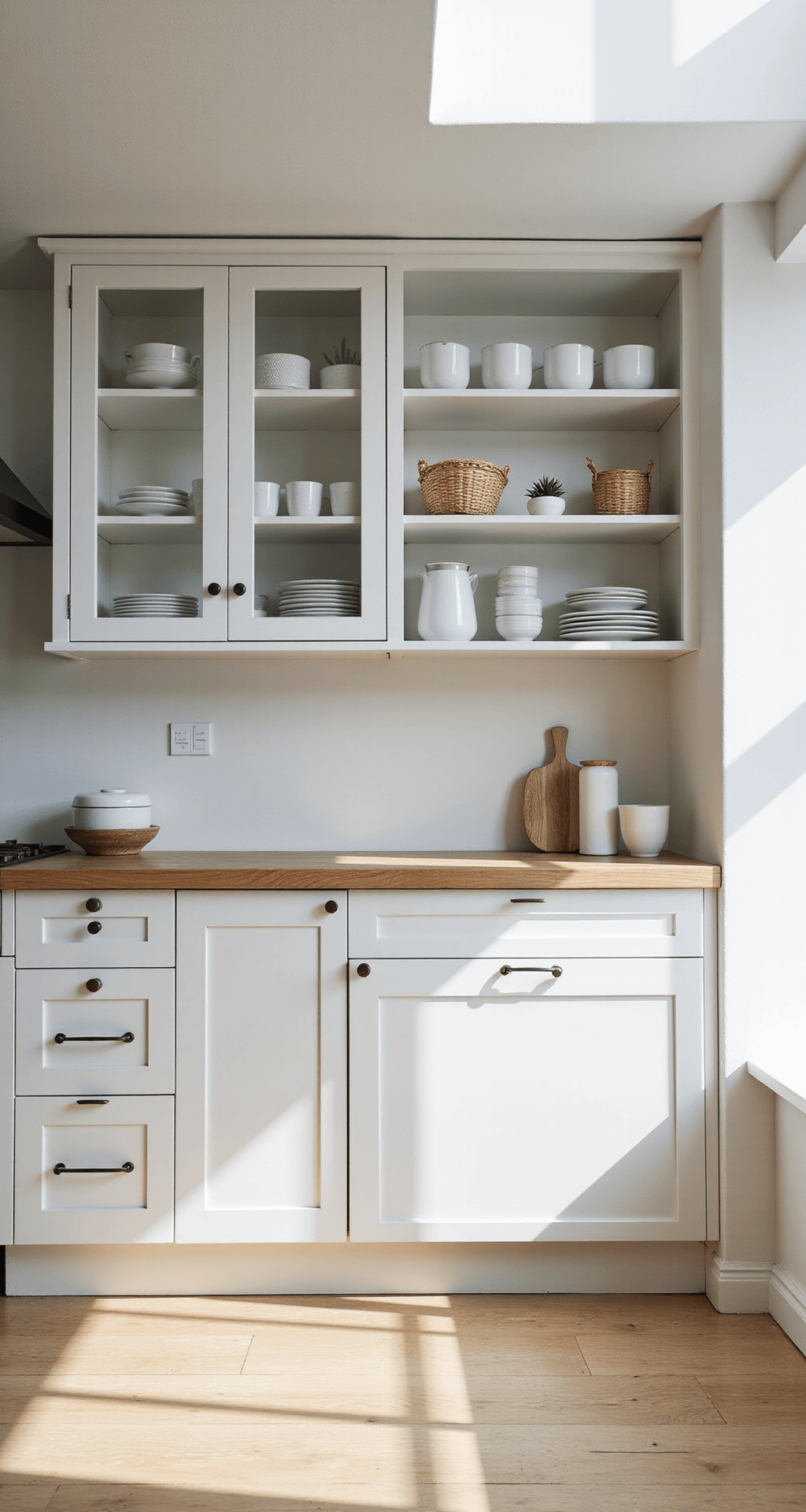 Aerial view of a bright Scandinavian kitchen featuring white-framed glass cabinets with pale wooden serving pieces and white ceramics, accentuated by pale birch floors and skylights, showcasing minimal styling and clean lines.