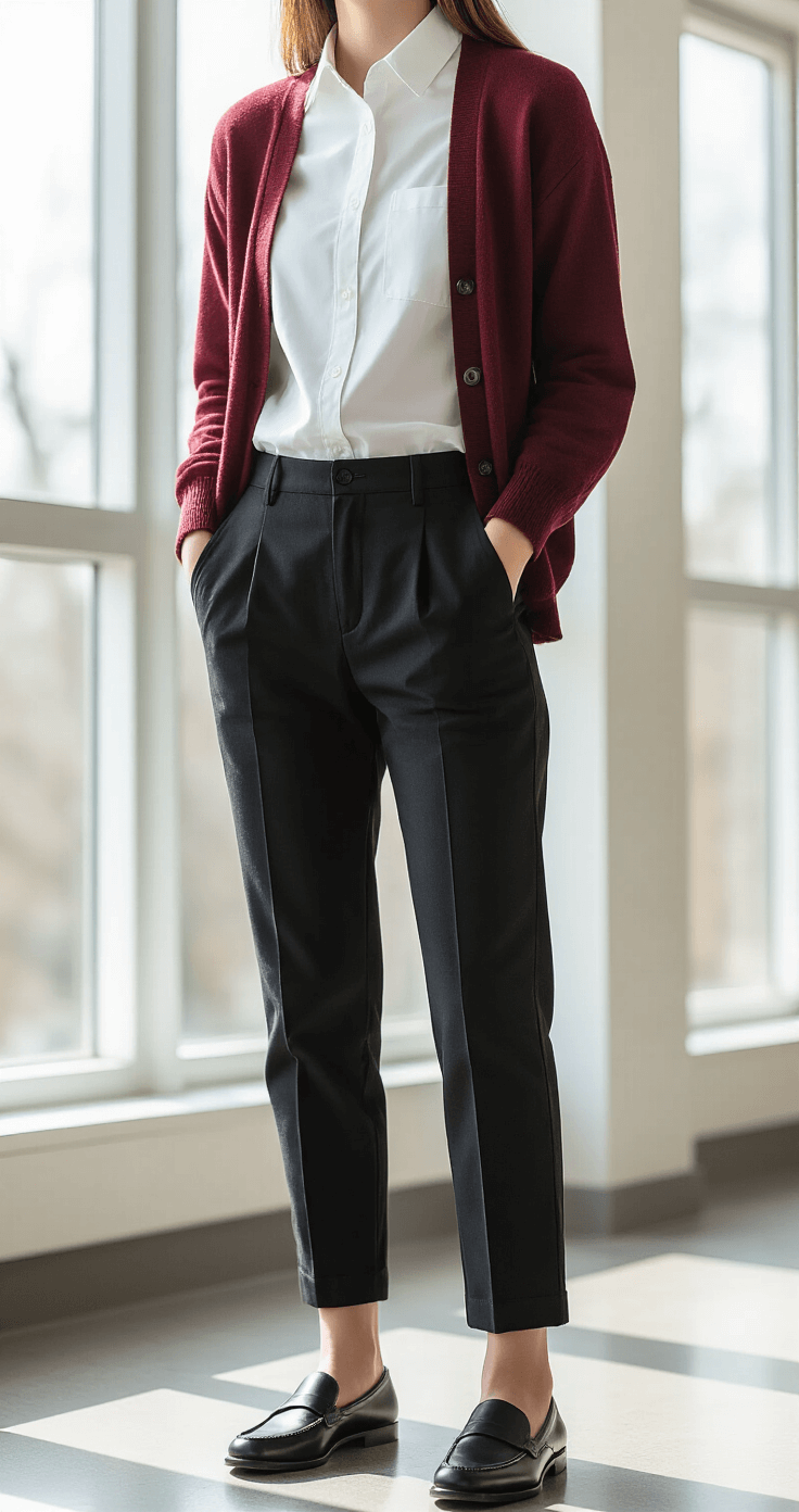A student wearing tailored black trousers, a white oxford shirt, a burgundy cardigan, and black leather loafers studies in a modern classroom with large windows letting in bright midday light, framed by clean architectural lines.