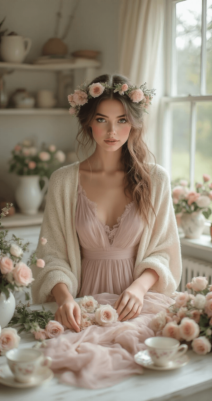 A serene cottage studio bathed in morning light, featuring a fashionable content creator arranging flower crowns and pastel garments on a whitewashed table, surrounded by scattered roses and vintage teacups, with a model in a dusty rose midi dress and cream cardigan, all captured in soft focus from above at a 45-degree angle.