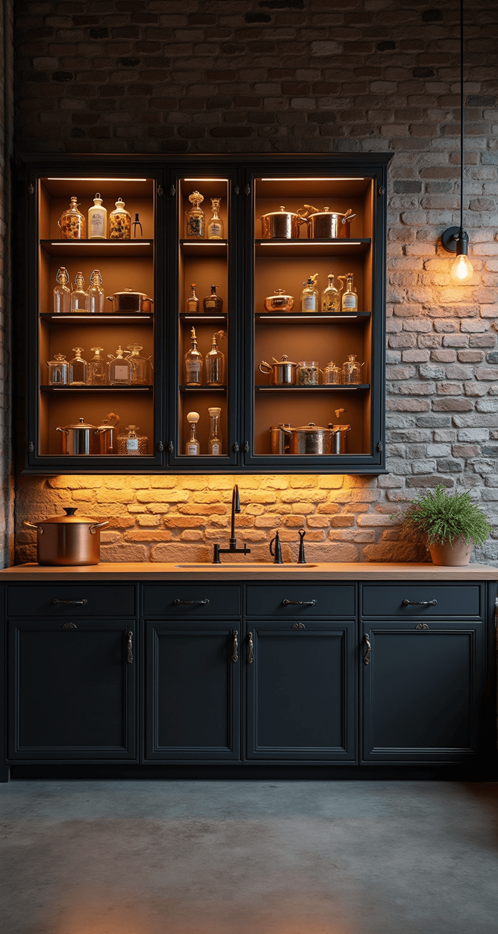 A dramatic industrial loft kitchen featuring black-framed glass cabinets showcasing copper cookware and vintage glass bottles, set against exposed brick walls and concrete floors, illuminated by moody ambient lighting from Edison bulbs and spotlights, captured from a sliding ladder perspective.