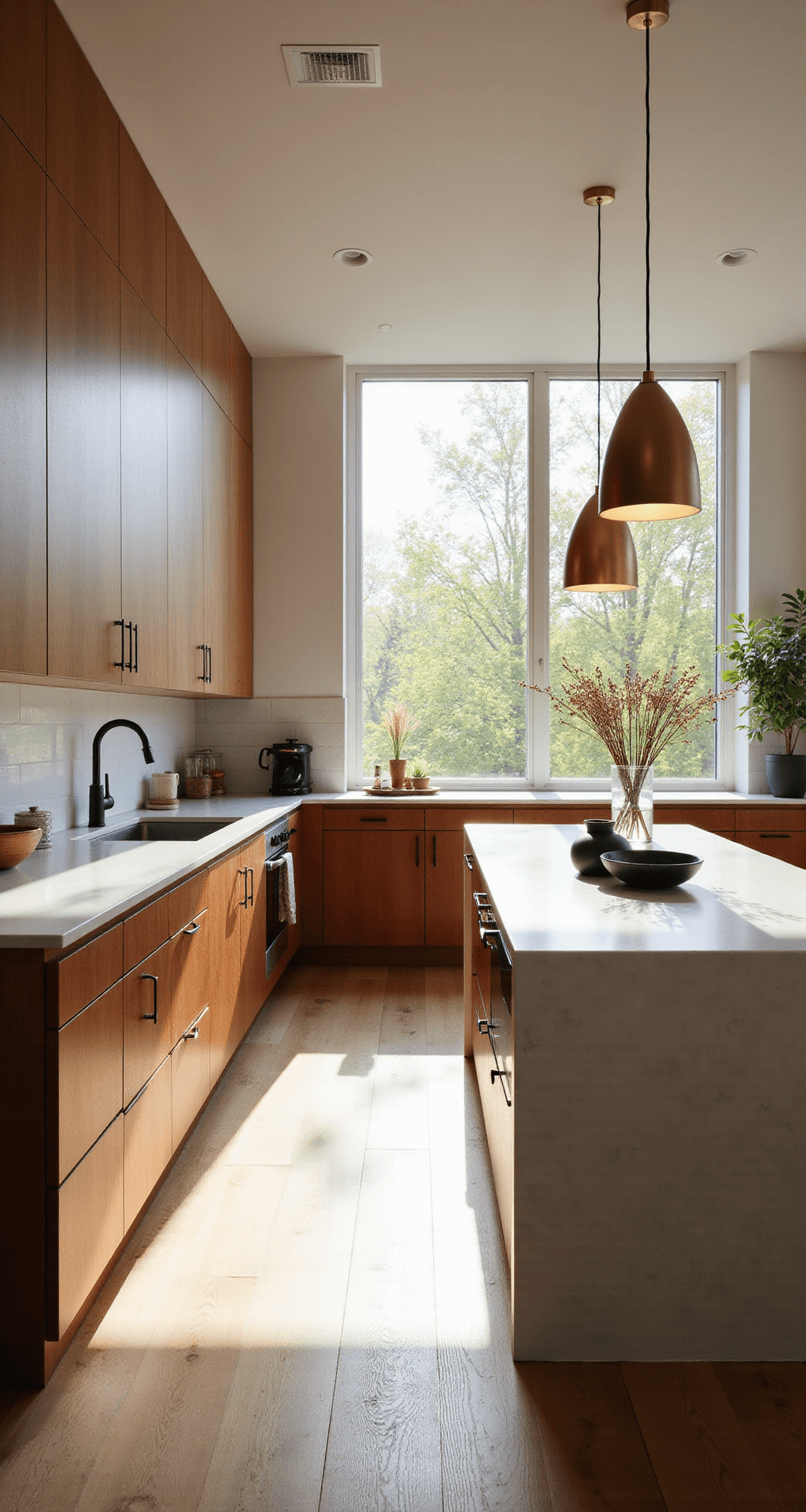 A spacious modern cherry kitchen featuring cherry wood cabinets with matte black hardware, white quartz countertops, and a central waterfall island. Warm afternoon sunlight fills the room through west-facing windows, accentuated by brushed gold pendant lights. The view is from the corner entrance, showcasing the kitchen's length and inviting ambiance.
