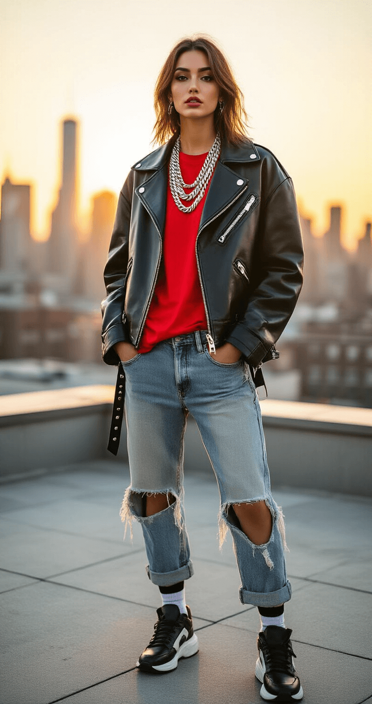 A street style influencer poses on an urban rooftop during golden hour, showcasing a bold primary-colored outfit with an oversized black leather jacket, red tee, and distressed denim. Chunky silver chains and mismatched athletic socks complete the look, while the modern city skyline serves as a vibrant backdrop. The photograph features warm sunset lighting and a shallow depth of field.