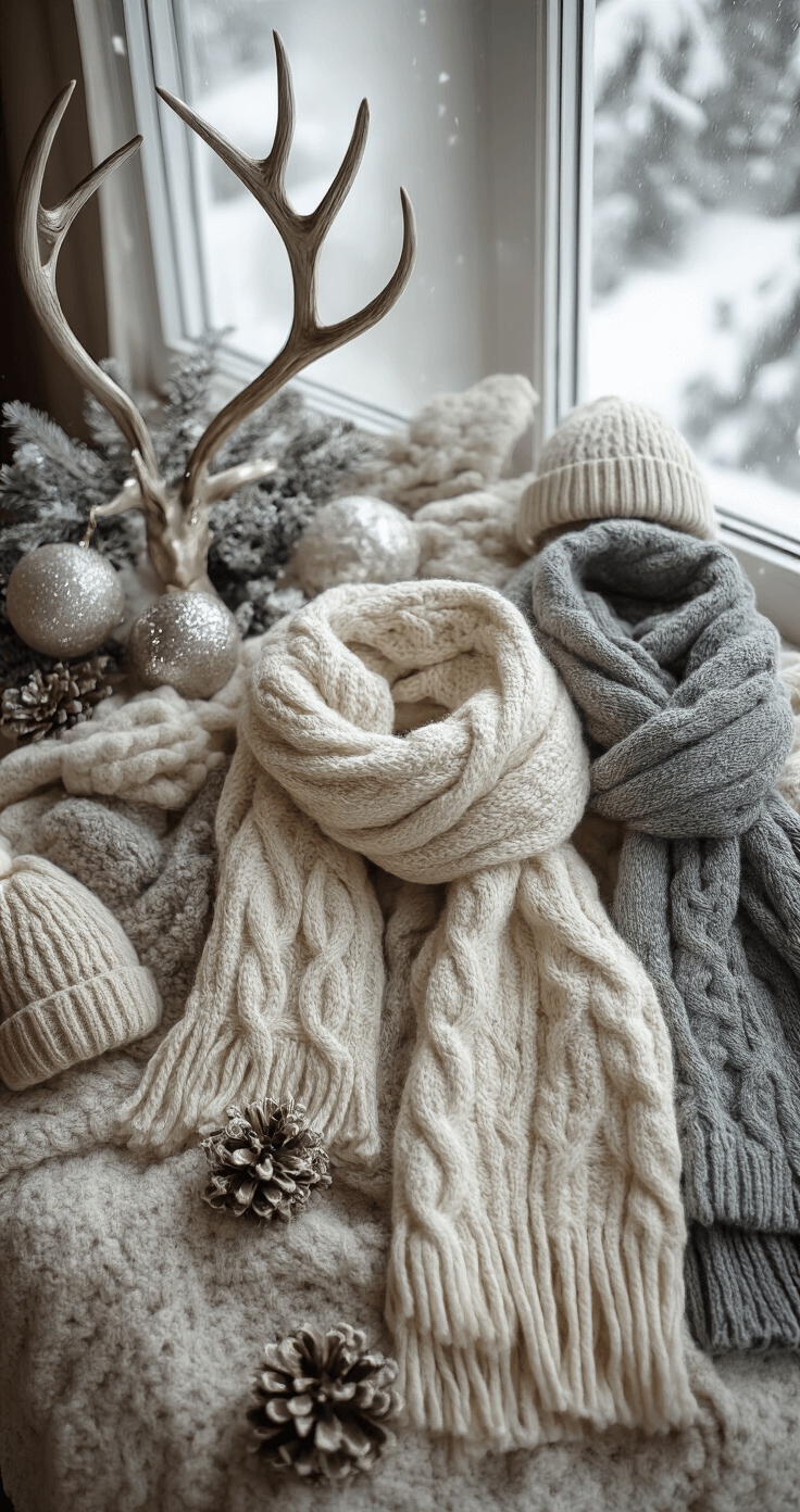 A cozy minimalist loft space during a gentle snowfall, featuring a winter fashion flat lay with luxurious cream and gray cable-knit scarves, vintage silver antler decorations, soft cashmere beanies, and metallic thread holiday accessories, all arranged and softly illuminated by natural window light.