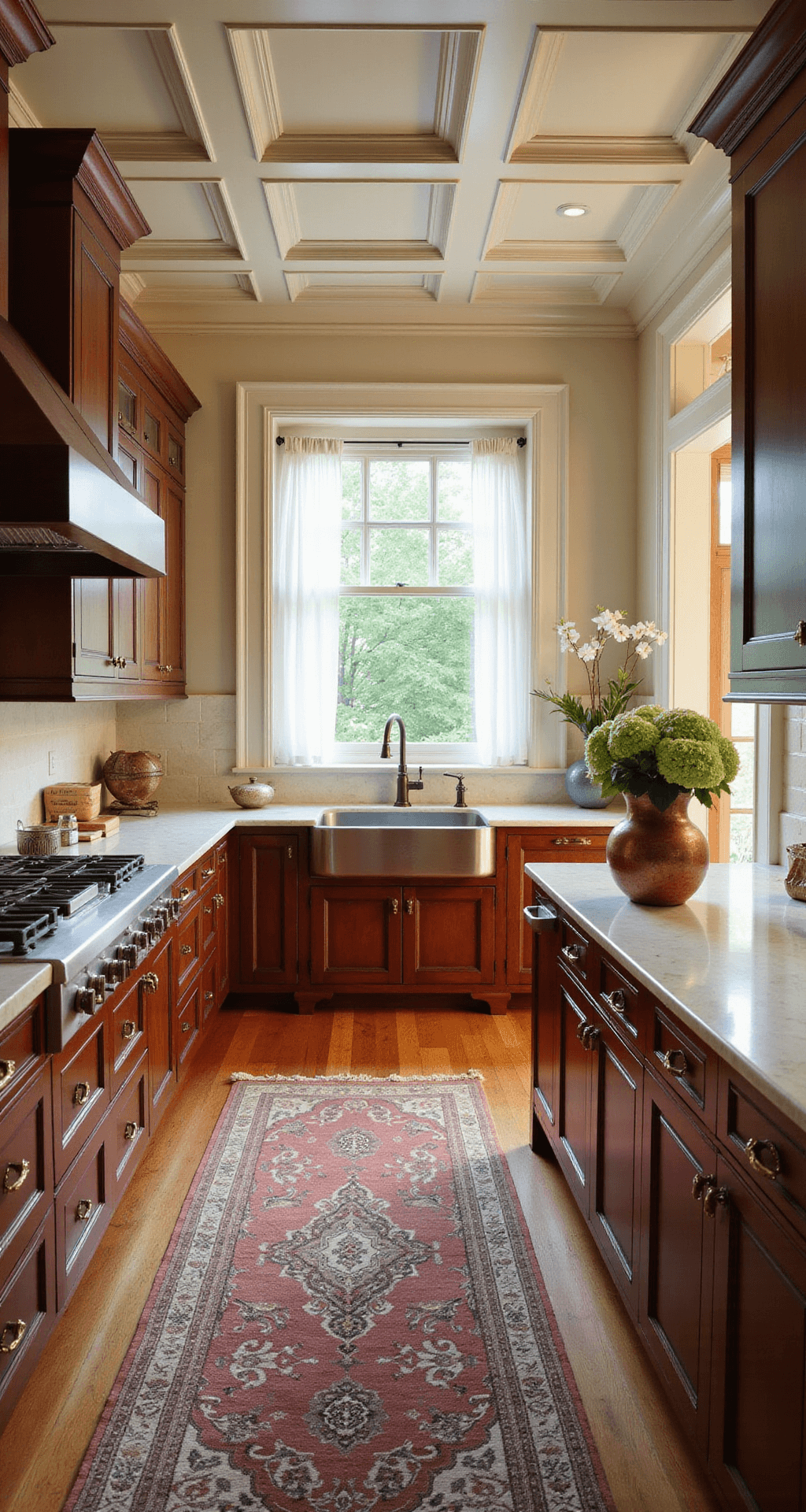 A wide-angle view of a traditional cherry kitchen at dawn, featuring coffered ceilings, cream marble countertops, and antique brass pulls, with soft morning light filtering through sheer white cafe curtains and fresh hydrangeas in a copper vase by the farmhouse sink. A vintage Persian runner lies on hardwood floors, capturing a serene and classic atmosphere.