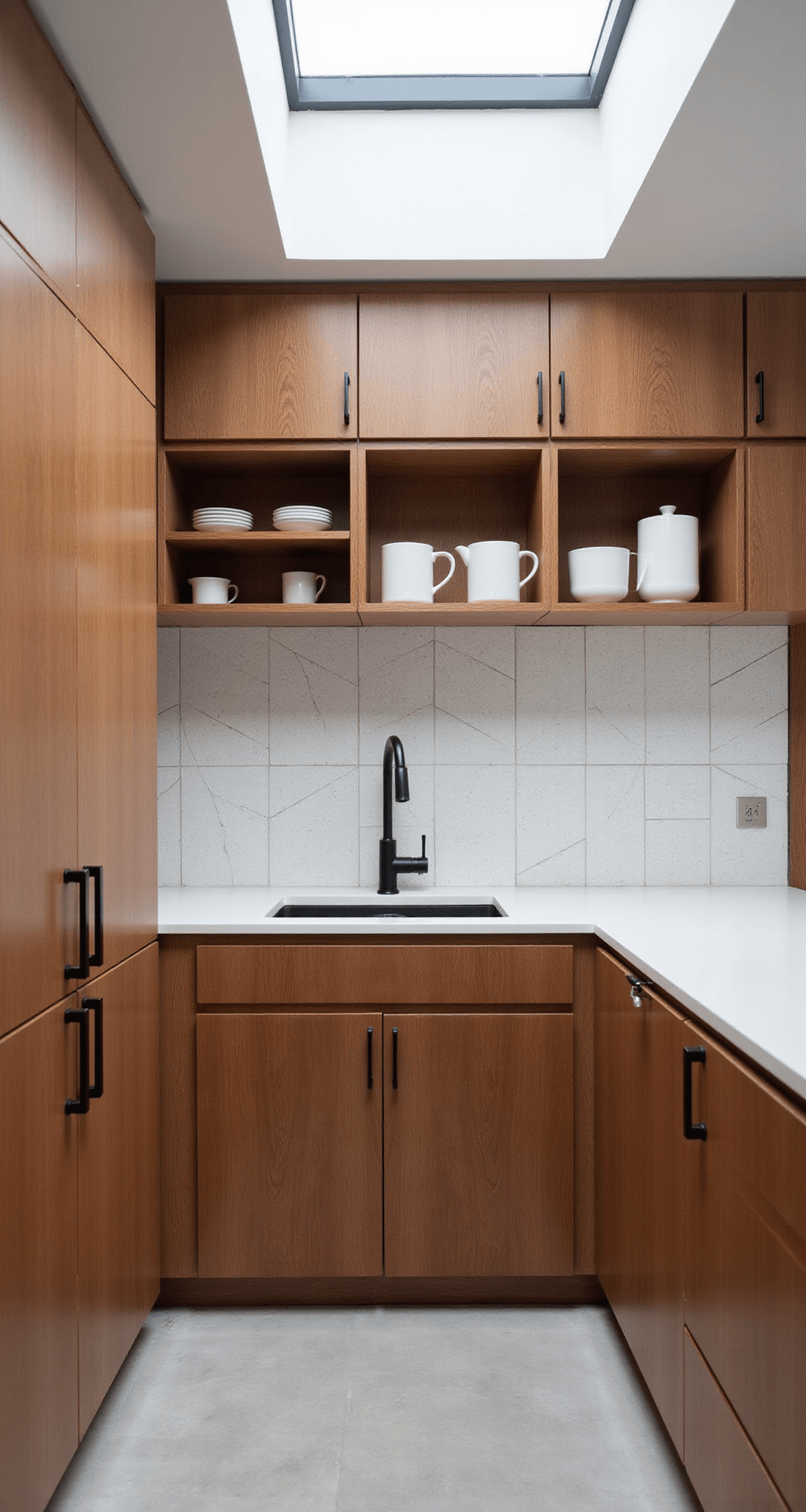 Contemporary urban kitchen with cherry cabinets, white countertops, and geometric tile backsplash, featuring open shelving with minimalist decor, illuminated by cool afternoon light from a skylight, viewed from above at a 45-degree angle.