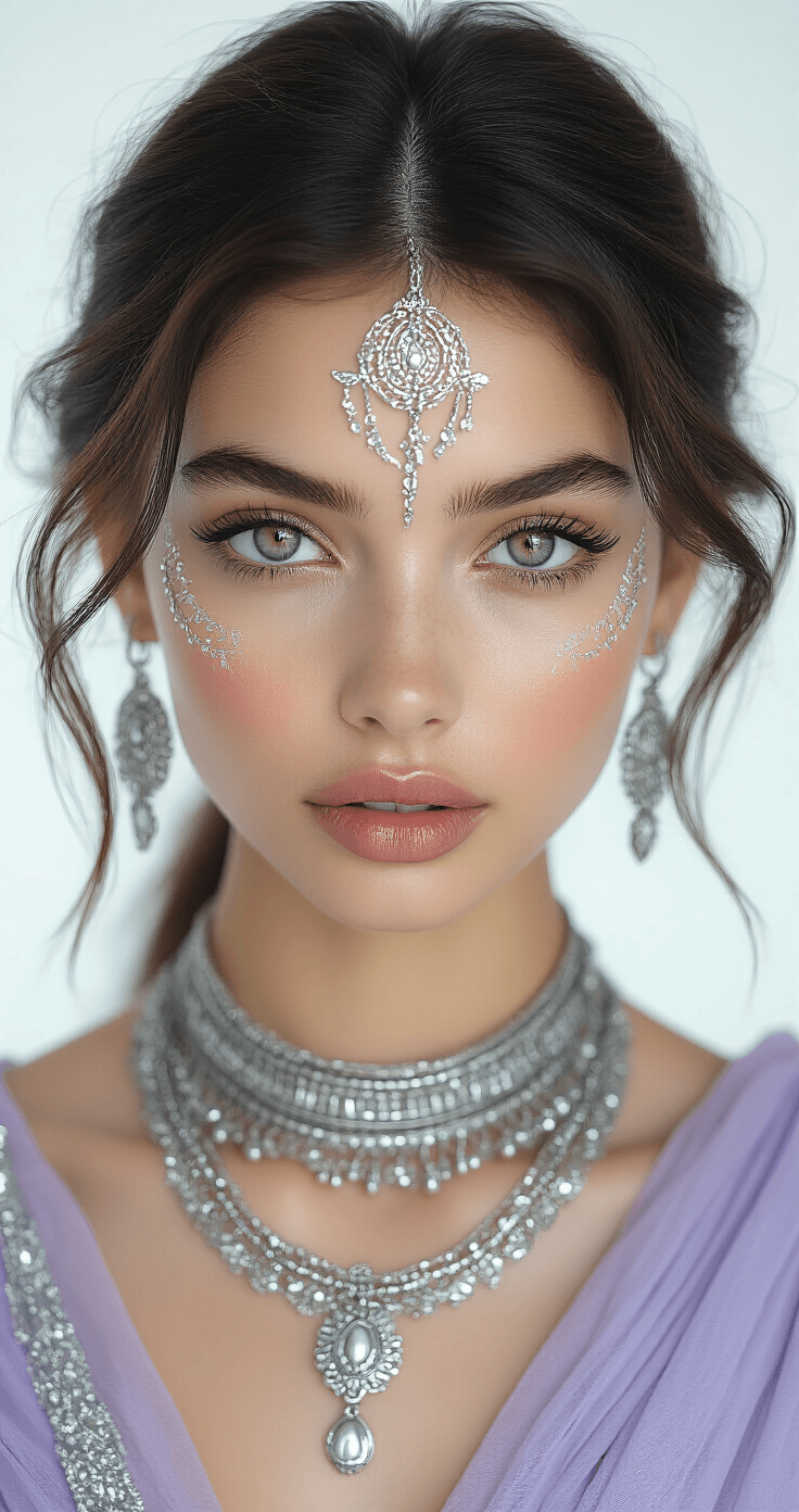 Close-up of a model in a monochromatic lavender outfit with layered silver accessories, showcasing intricate face markings and custom expressions against a stark white backdrop, with sharp focus on facial features and clean studio lighting.