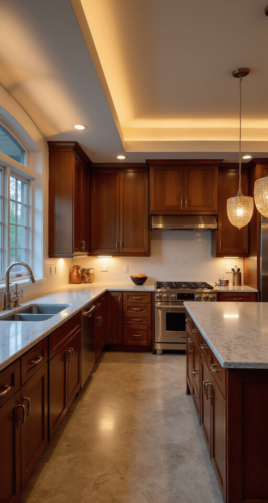 Transitional kitchen featuring Shaker-style cherry cabinets, gray marble countertops, and mixed metal fixtures, illuminated by ambient under-cabinet lighting and textured glass pendant lights, creating an intimate and refined atmosphere at dusk.