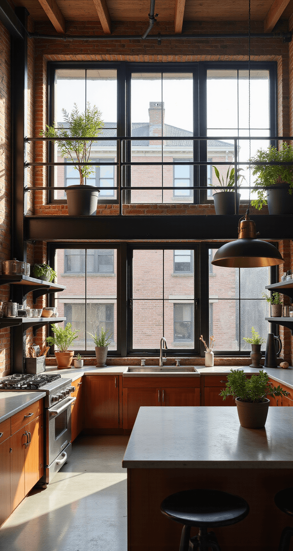 Industrial-modern cherry kitchen in a converted loft, featuring double-height ceilings, polished concrete countertops, and black steel shelving, with vintage pendants and natural light from factory windows, viewed from a mezzanine level.