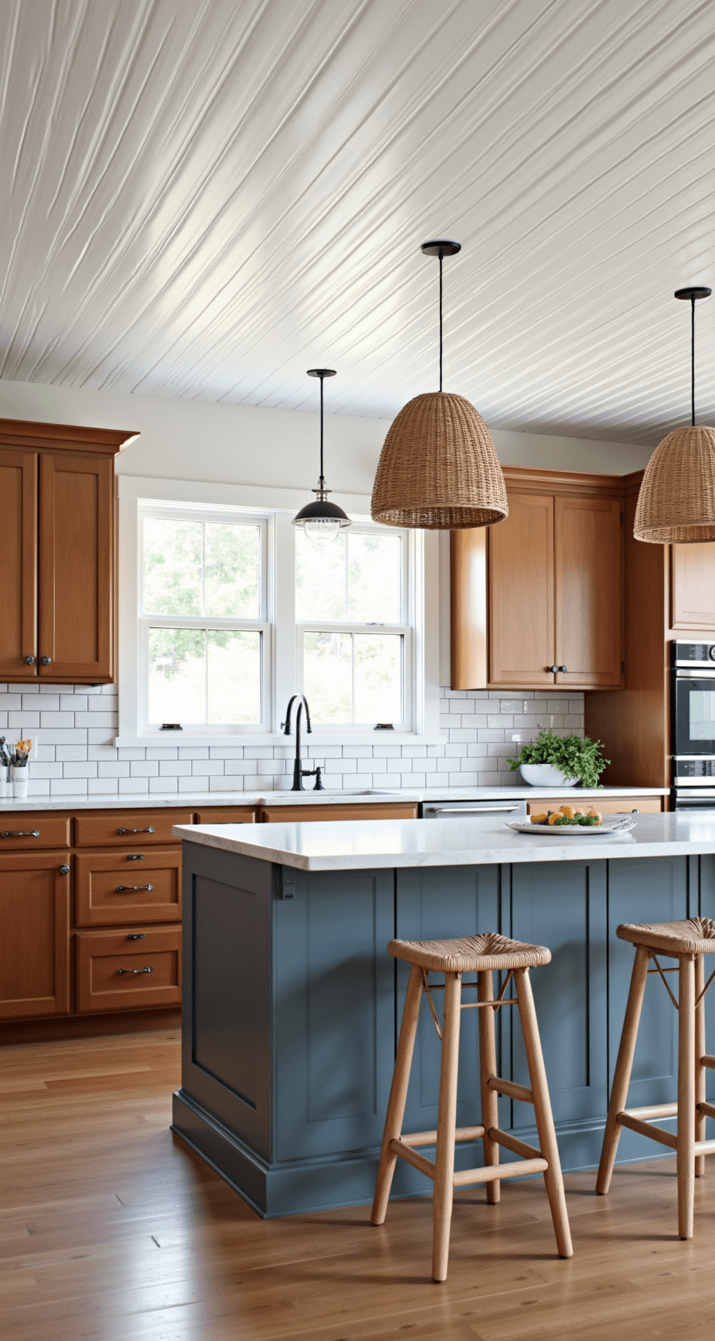 Bright coastal kitchen featuring cherry cabinets, honed marble counters, a blue-gray island, and a beadboard ceiling, illuminated by midday sun reflecting off the white subway tile backsplash. Woven pendant lights and seagrass barstools enhance the airy atmosphere, viewed from the dining room entrance.