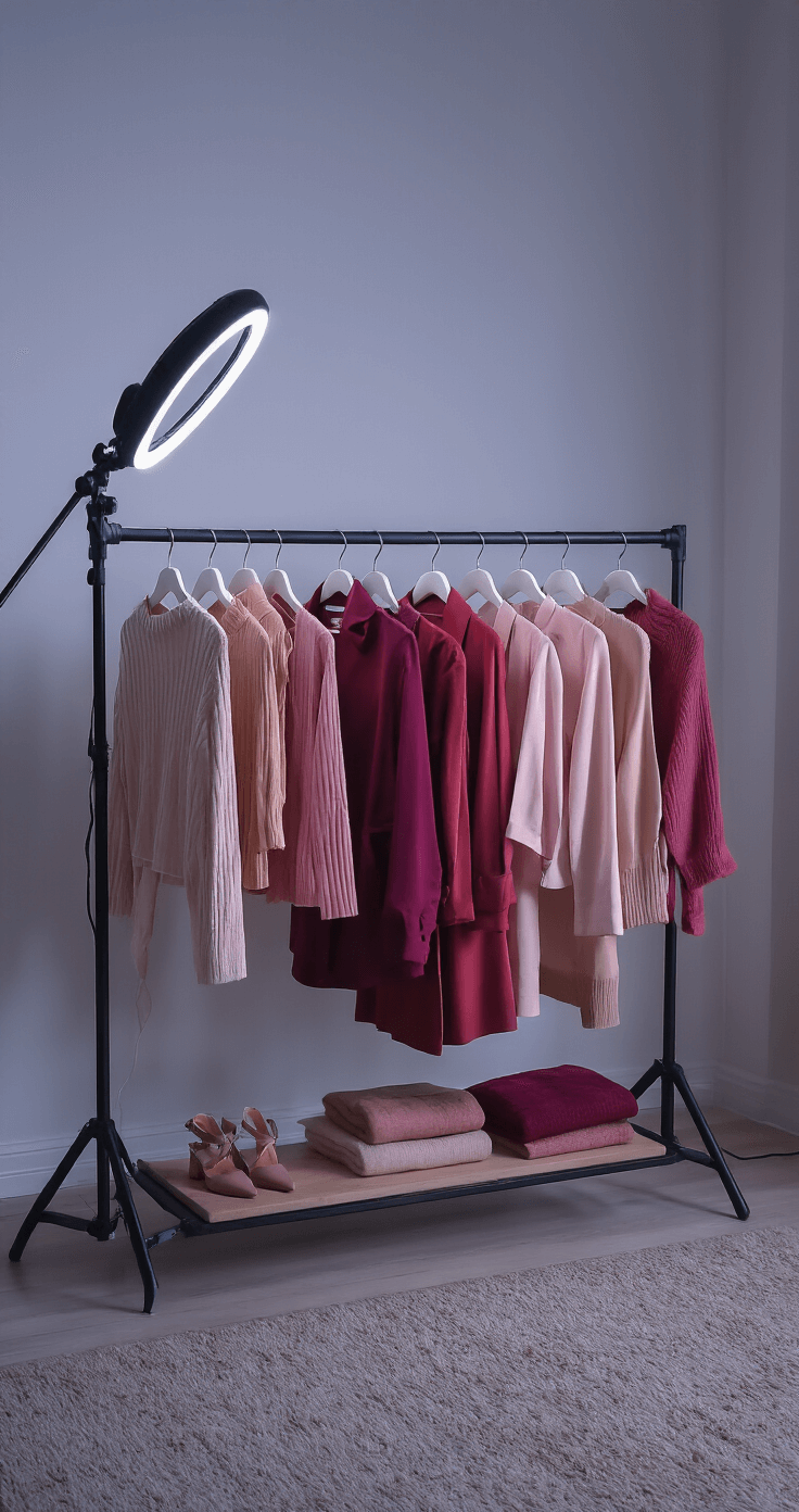 A fashion blogger films a color theory demonstration in a modern apartment at dusk, showcasing a curated rack of garments that transition from pale pink to deep burgundy, with neutral base pieces and vibrant accessories, illuminated by a soft ring light in a lifestyle documentary style.