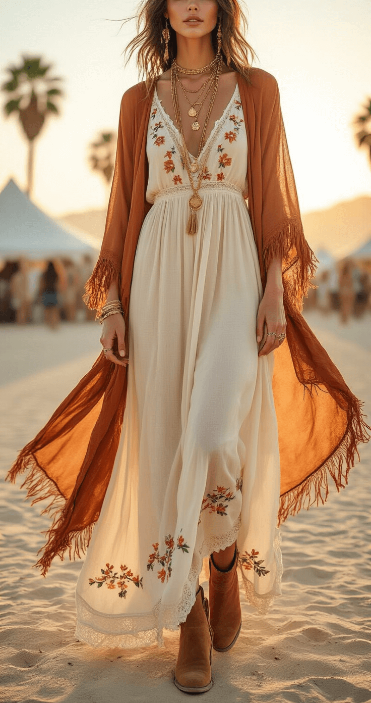 A female model in a cream maxi dress with floral embroidery and brown suede ankle boots stands in a sunlit desert music festival, wearing layered gold necklaces and a rust-colored fringed kimono, with festival tents and palm trees softly blurred in the background.