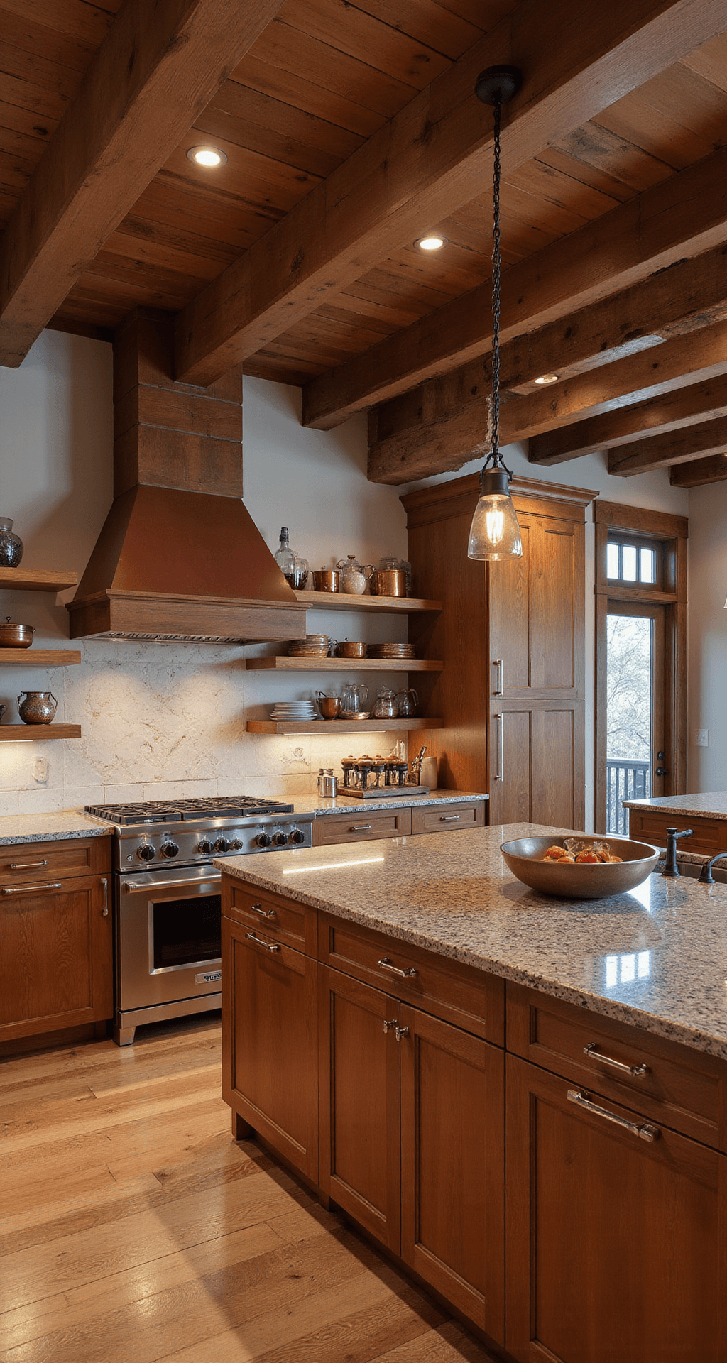 A wide-angle view of a rustic modern kitchen featuring exposed wooden beams, warm LED lighting accentuating cherry cabinets, leathered granite countertops, reclaimed wood shelving, and a collection of copper cookware, creating a cozy yet sophisticated atmosphere.