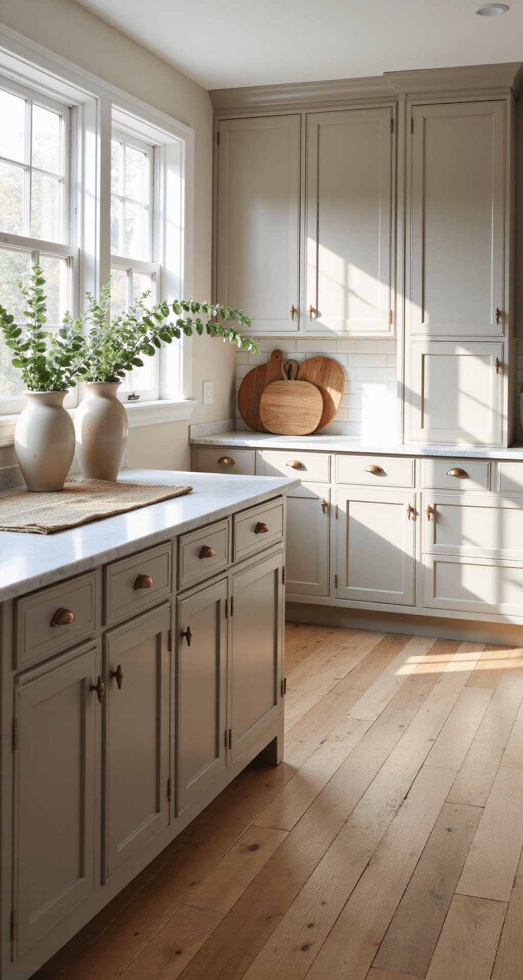 A spacious 12x15ft kitchen featuring warm greige shaker cabinets, brass hardware, and a marble-topped island, illuminated by late morning light from floor-to-ceiling windows. The scene includes wide-plank white oak flooring, vintage ceramic vases with eucalyptus, a textured jute runner, and stacked wooden cutting boards against a backsplash, all captured with soft, diffused lighting.