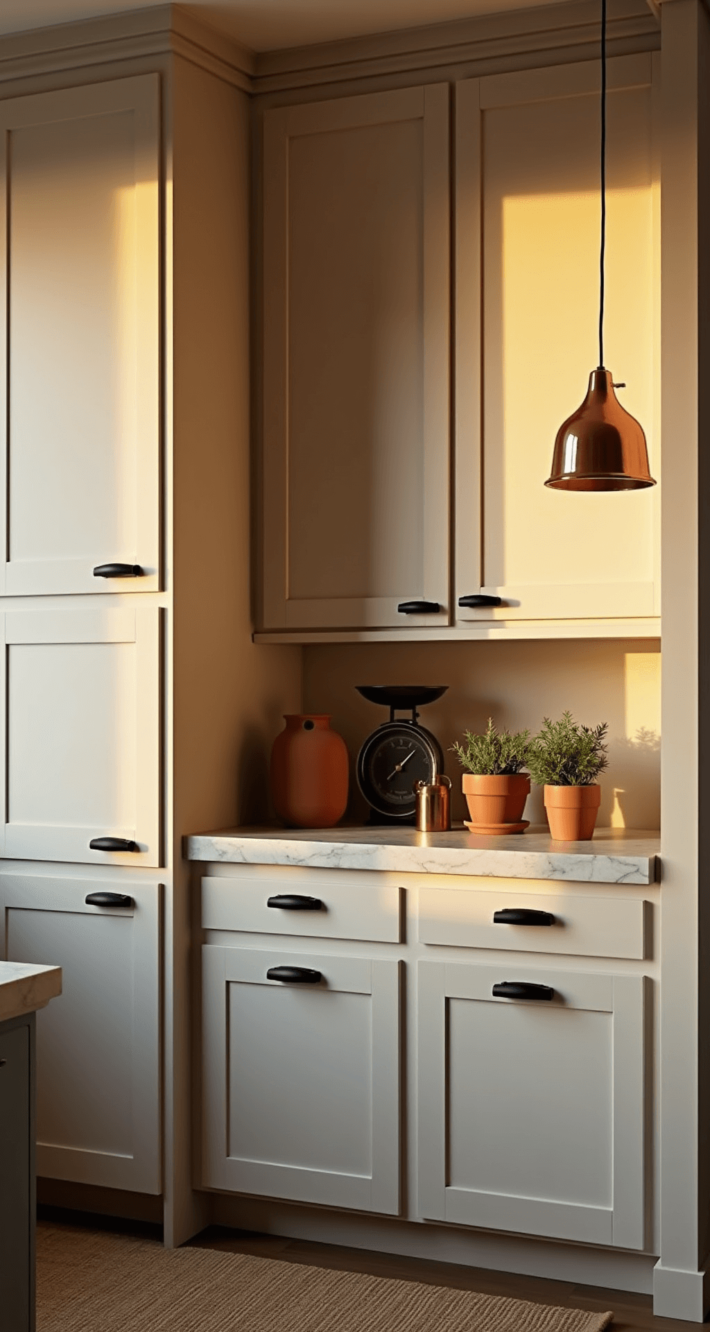 Intimate kitchen nook with floor-to-ceiling beige cabinets and matte black hardware, copper pendant lamp, marble prep area, earthenware pottery, terracotta herb pots, and a vintage brass scale, all illuminated by golden hour backlighting and set on a natural sisal rug.