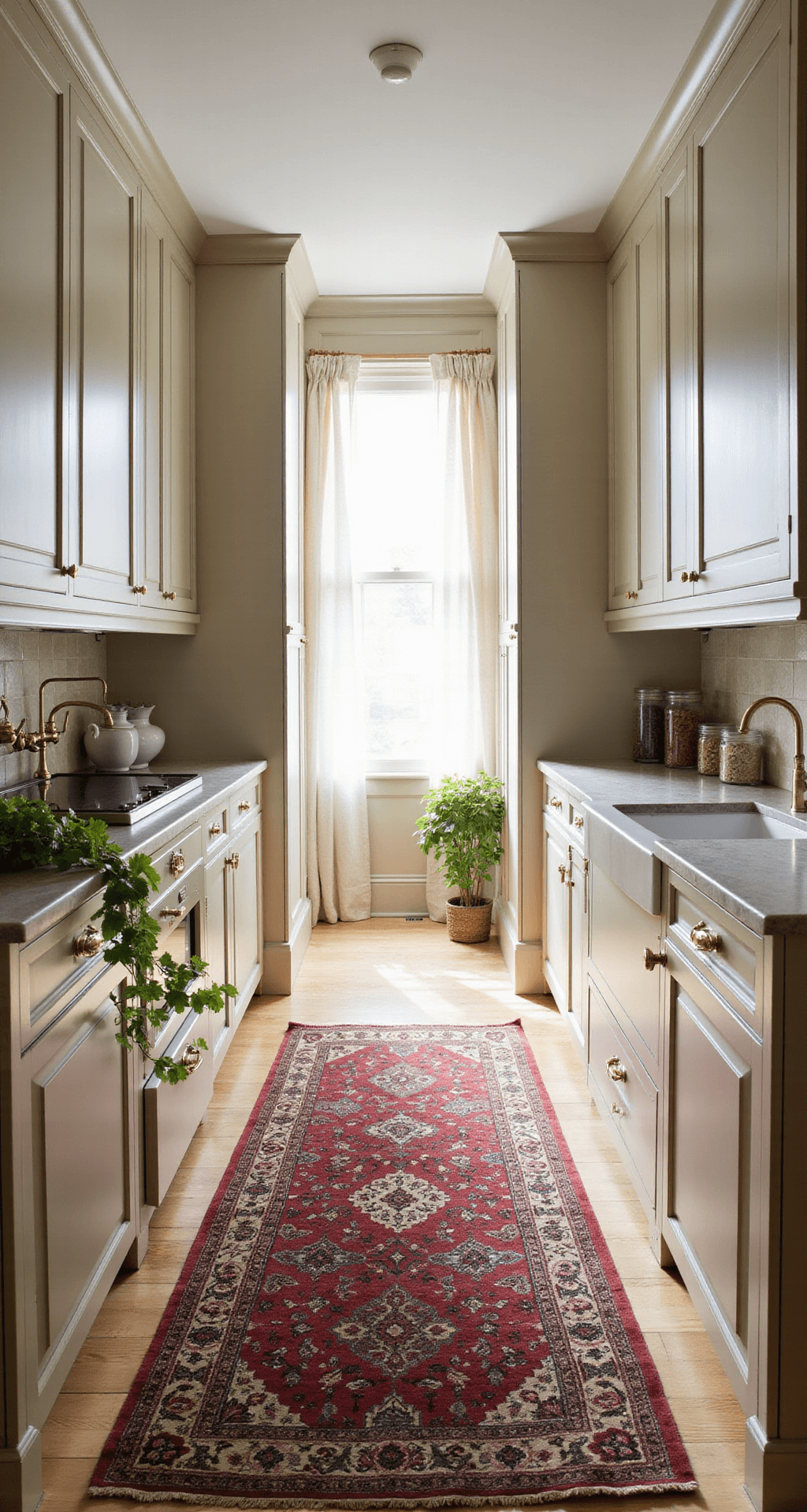 A bright galley kitchen with beige raised-panel cabinets and honed limestone countertops, featuring unlacquered brass fixtures and a vintage Persian runner, illuminated by natural light filtered through sheer linen curtains.