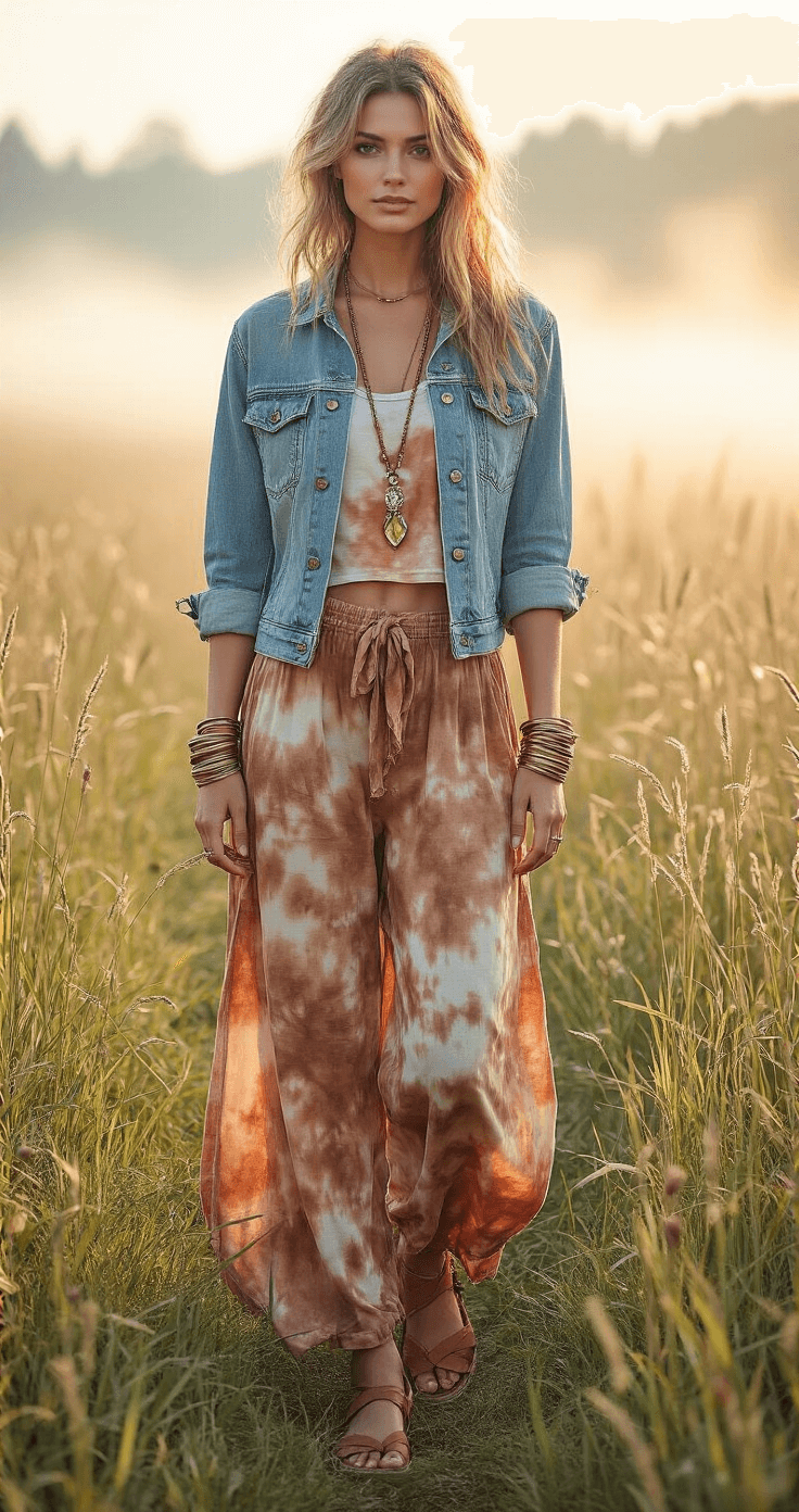 A model stands in a misty meadow, wearing a cropped tie-dye tank, high-waisted flowy palazzo pants in earth tones, and a vintage denim jacket tied at the waist. She accessorizes with stacked brass bangles and crystal pendant necklaces, paired with comfortable leather sandals. The scene is captured through tall grass with sun flare, creating an ethereal festival atmosphere.