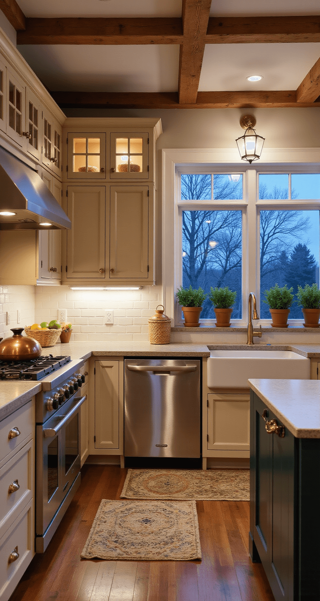 A cozy farmhouse kitchen with beige beadboard cabinets and glass-front upper units, featuring soapstone counters and a farmhouse sink. The warm interior is illuminated by antique brass lanterns during blue hour, showcasing copper cookware and fresh market produce. Wide windowsills display potted herbs, creating a harmonious color palette of warm beige, deep blues, and aged copper tones.