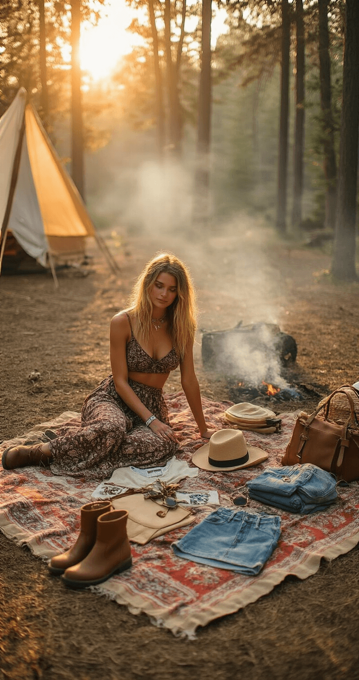 A cozy festival campsite at sunset featuring a subject organizing a capsule wardrobe on a vintage blanket, showcasing printed midi skirts, crop tops, denim cutoffs, comfortable boots, and accessories like bandanas and crossbody bags, all bathed in warm natural lighting with a subtle smoky atmosphere.