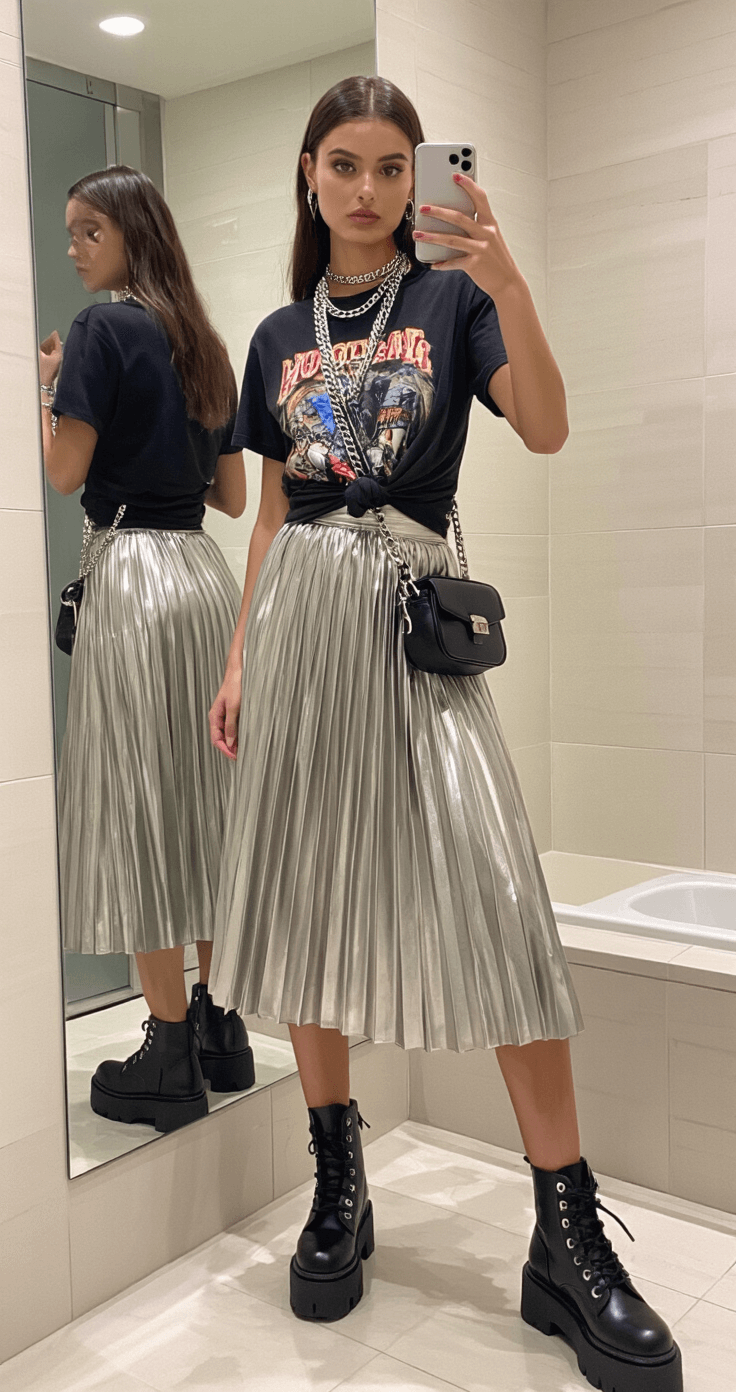 A model poses in a contemporary bathroom, showcasing a metallic pleated midi skirt, a knotted graphic band tee, platform combat boots, and multiple chain necklaces. A crossbody bag with visible essentials is seen alongside. The clean, bright lighting emphasizes the outfit's practicality and style, captured in a wide angle view.