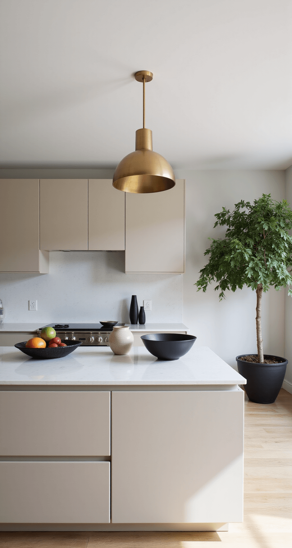 A modern open-concept kitchen featuring minimalist beige cabinetry and white quartz countertops, styled with black cookware and geometric pottery, illuminated by bright morning light.